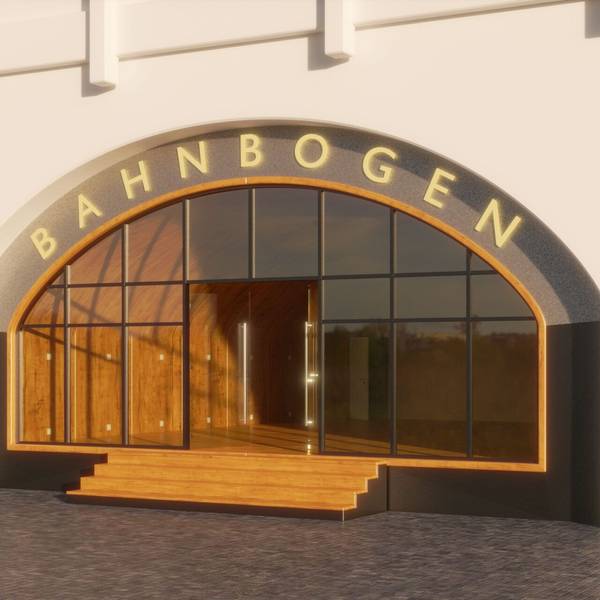 Eine Visualisierung zeigt ein Holzmodul, das in einen Bahnbogen eingepasst wurde.