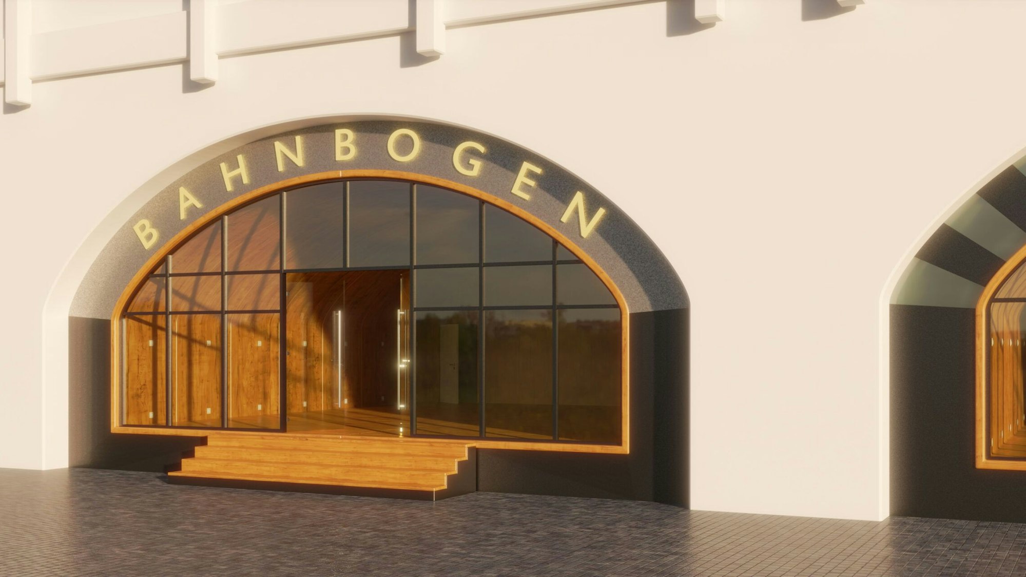 Eine Visualisierung zeigt ein Holzmodul, das in einen Bahnbogen eingepasst wurde.