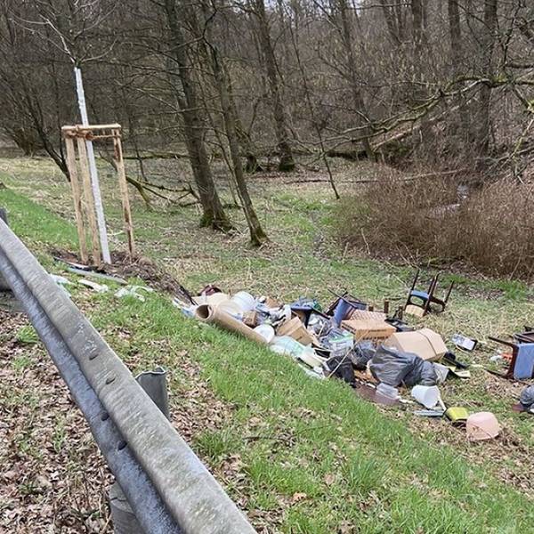 Ein Sperrmüllhaufen liegt auf einer Wiese hinter einer Leitplanke.