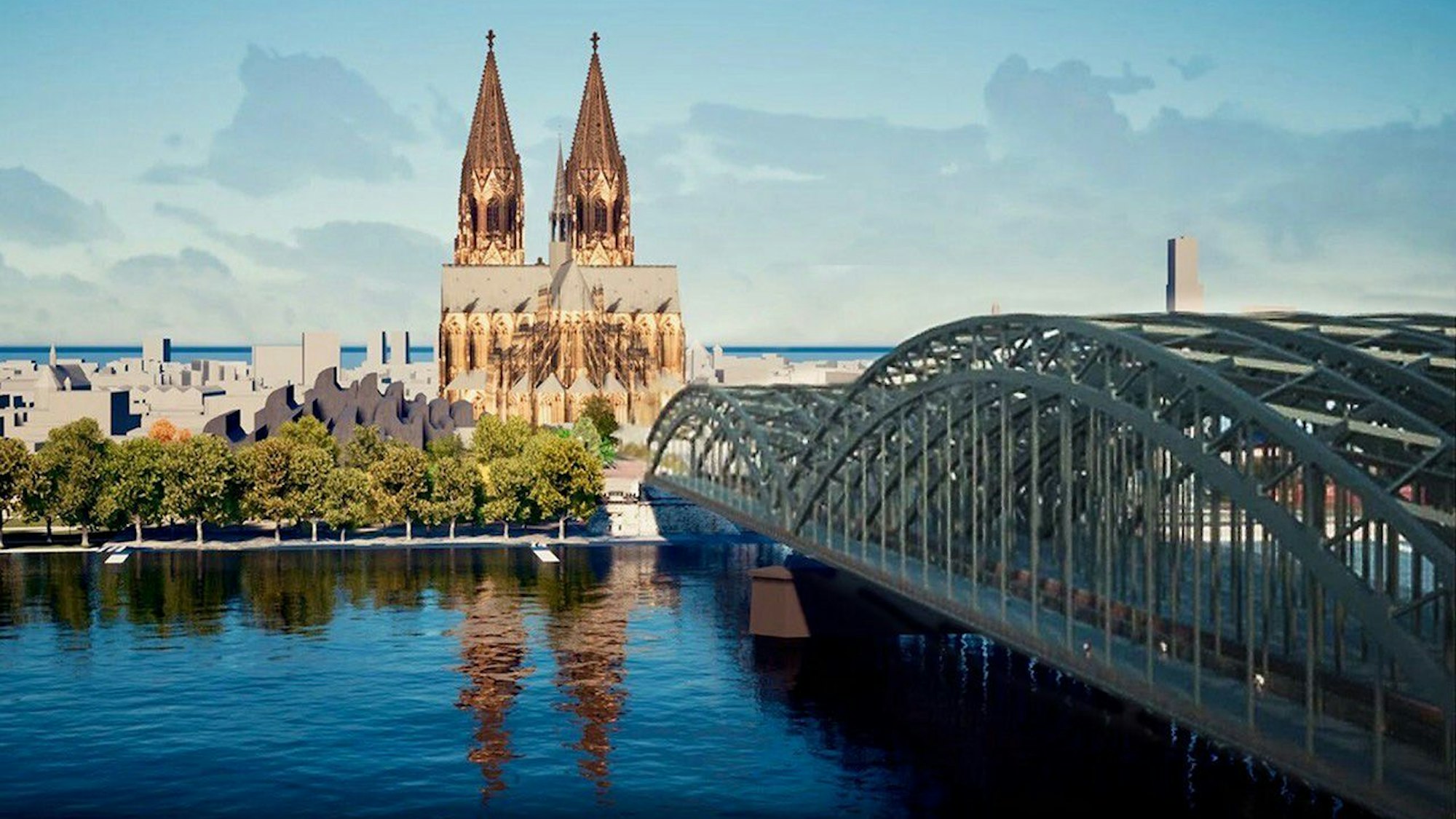 Visualisierung der geplanten Erweiterung der Hohenzollernbrücke. Hier: Die neue Brücke für den Fuß- und Radverkehr in der historischen Form der Eisenbahnbrücke.