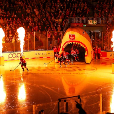 Volle Ränge bei der Einlaufshow der Kölner Haie vor dem Heimspiel gegen die Löwen Frankfurt.