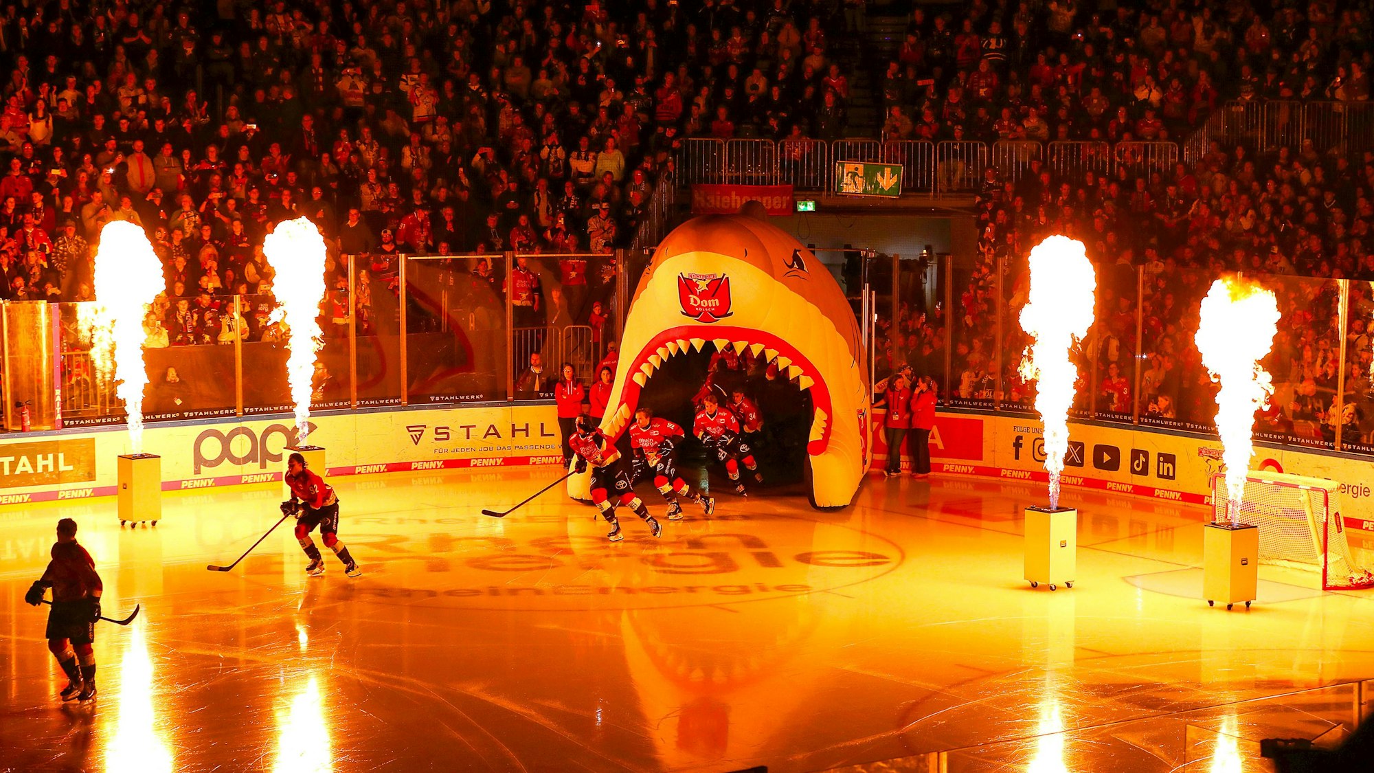 Volle Ränge bei der Einlaufshow der Kölner Haie vor dem Heimspiel gegen die Löwen Frankfurt.