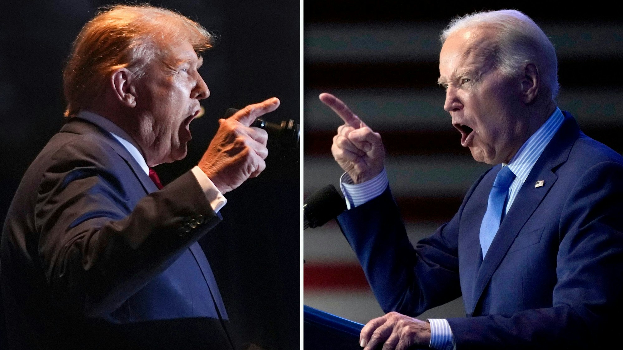 Zwei Fotos von Donald Trump und Joe Biden bei denen sie jeweils mit aufgerissenem Mund den Zeigefinger heben, werden gegenübergestellt.