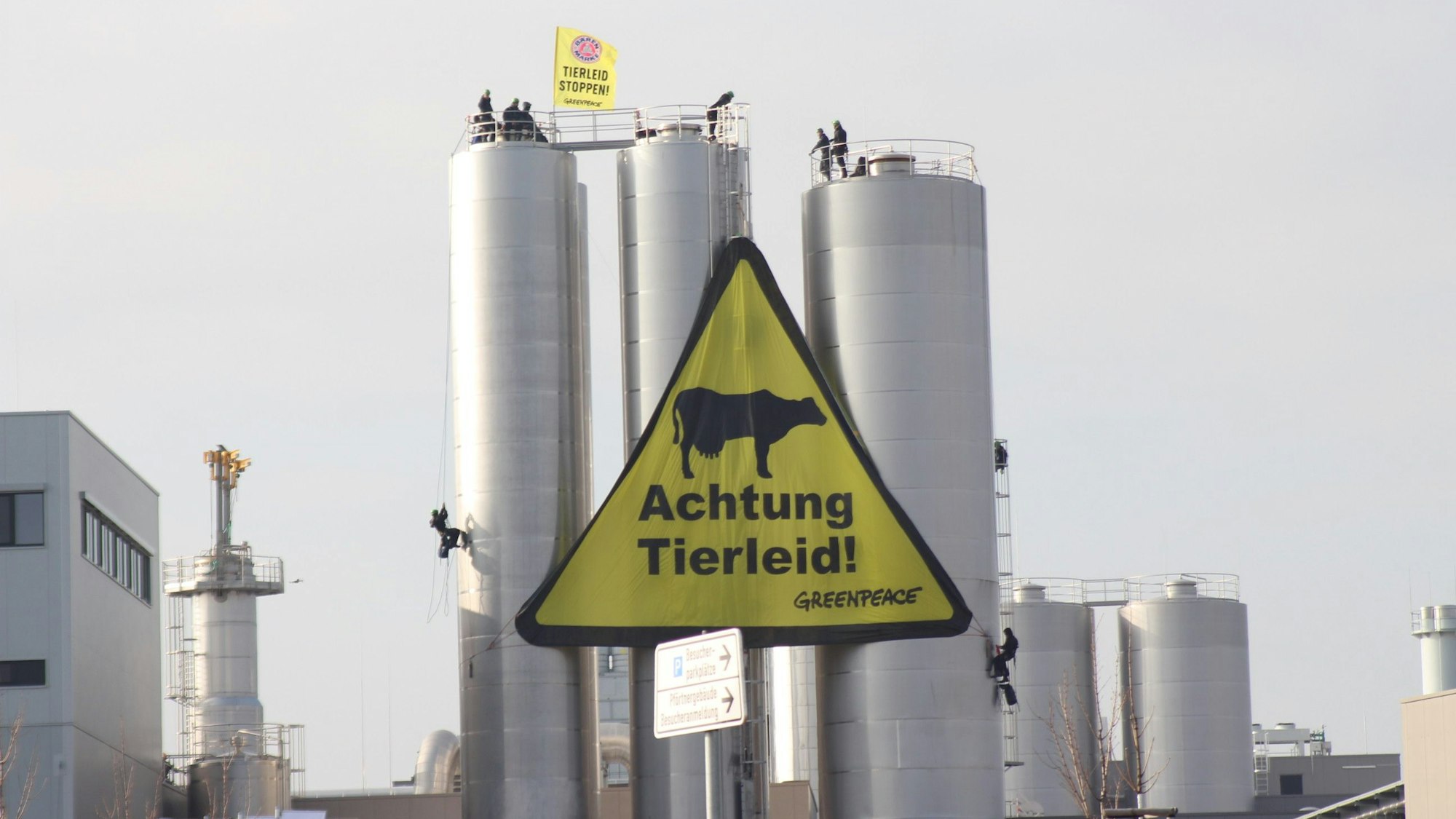 Aktivisten seilen sich an den Silos ab und breiten ein großes Banner mit der Aufschrift „Achtung Tierleid“ aus.