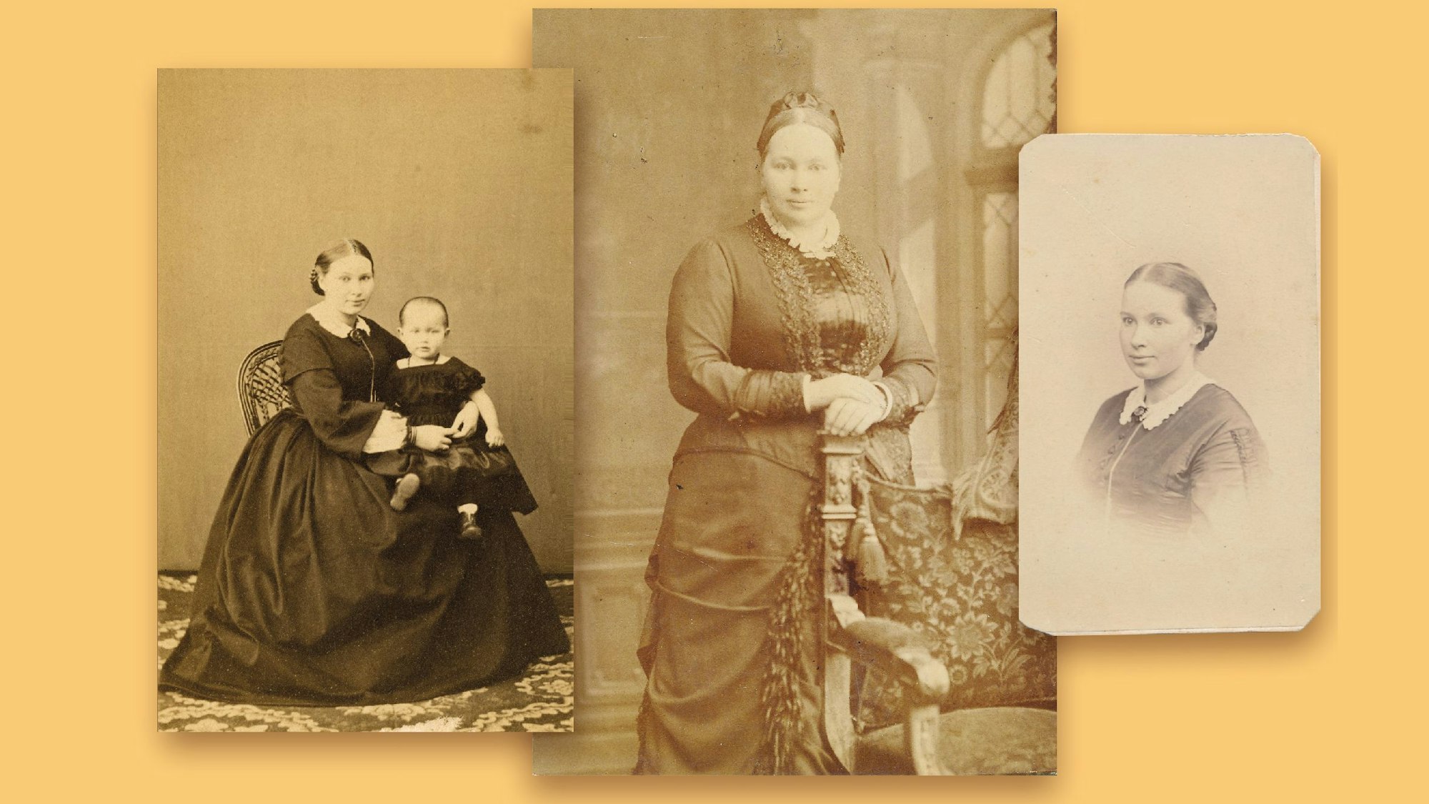 Eine Fotocollage der Bergisch Gladbacher Papierfabrikantin Maria Zanders als junge Braut (1855), als junge Ehefrau mit kleinem Kind auf dem Schoß (1859) und als Unternehmerin (1888).