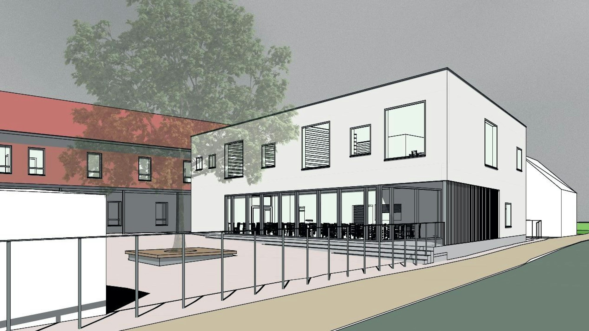 Der Entwurf zeigt rechts einen Neubau mit einer großzügigen Glasfront im Erdgeschoss.