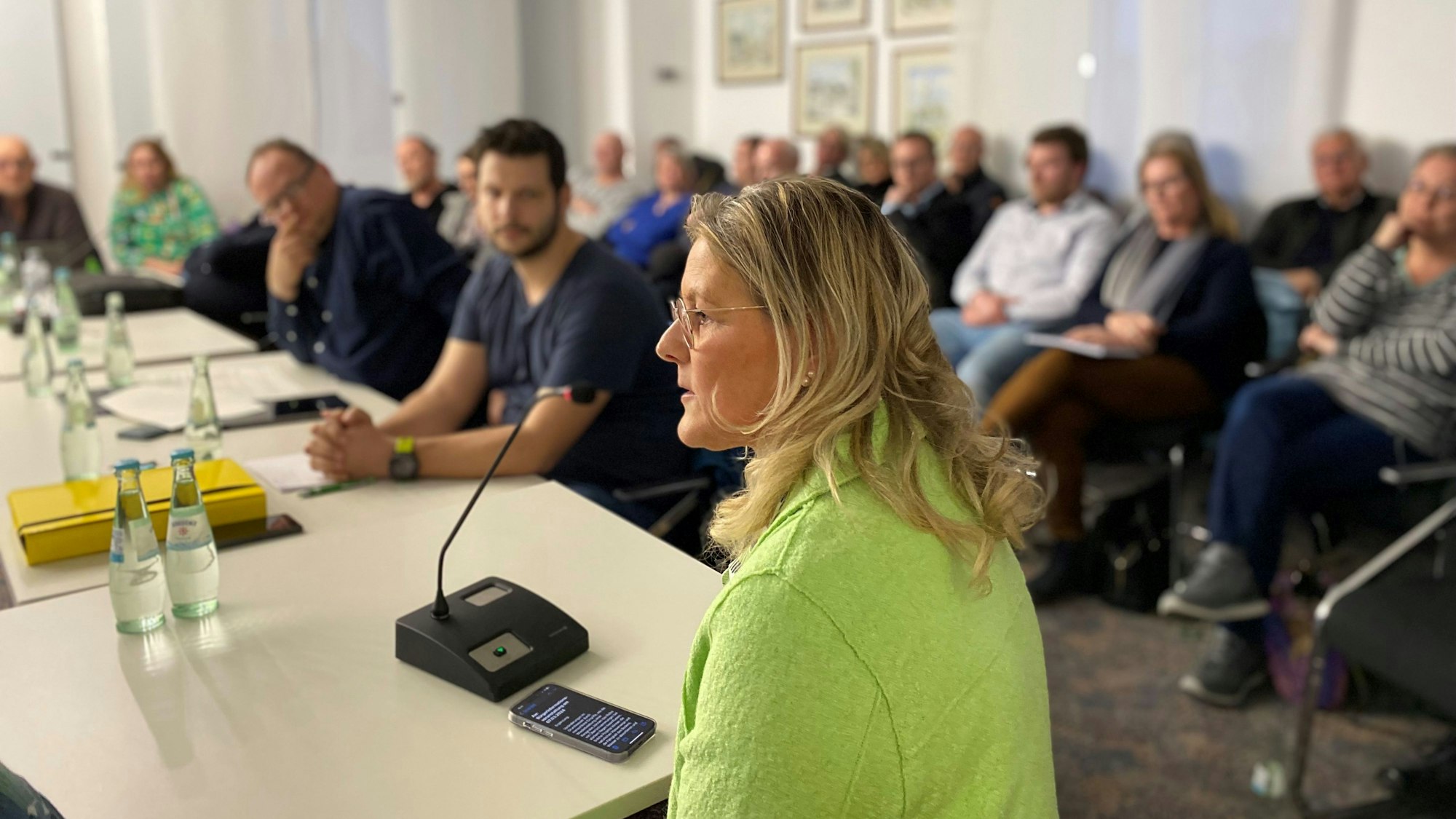 Eine Frau spricht an einem Mikrofon. Viele Menschen sitzen im Publikum und hören zu.