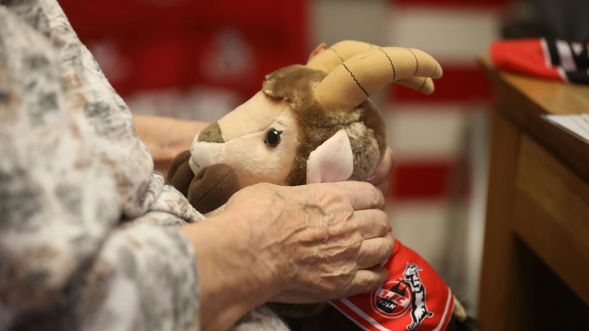 Eine ältere Frau hält einen Stoff-Hennes auf ihrem Schoß.