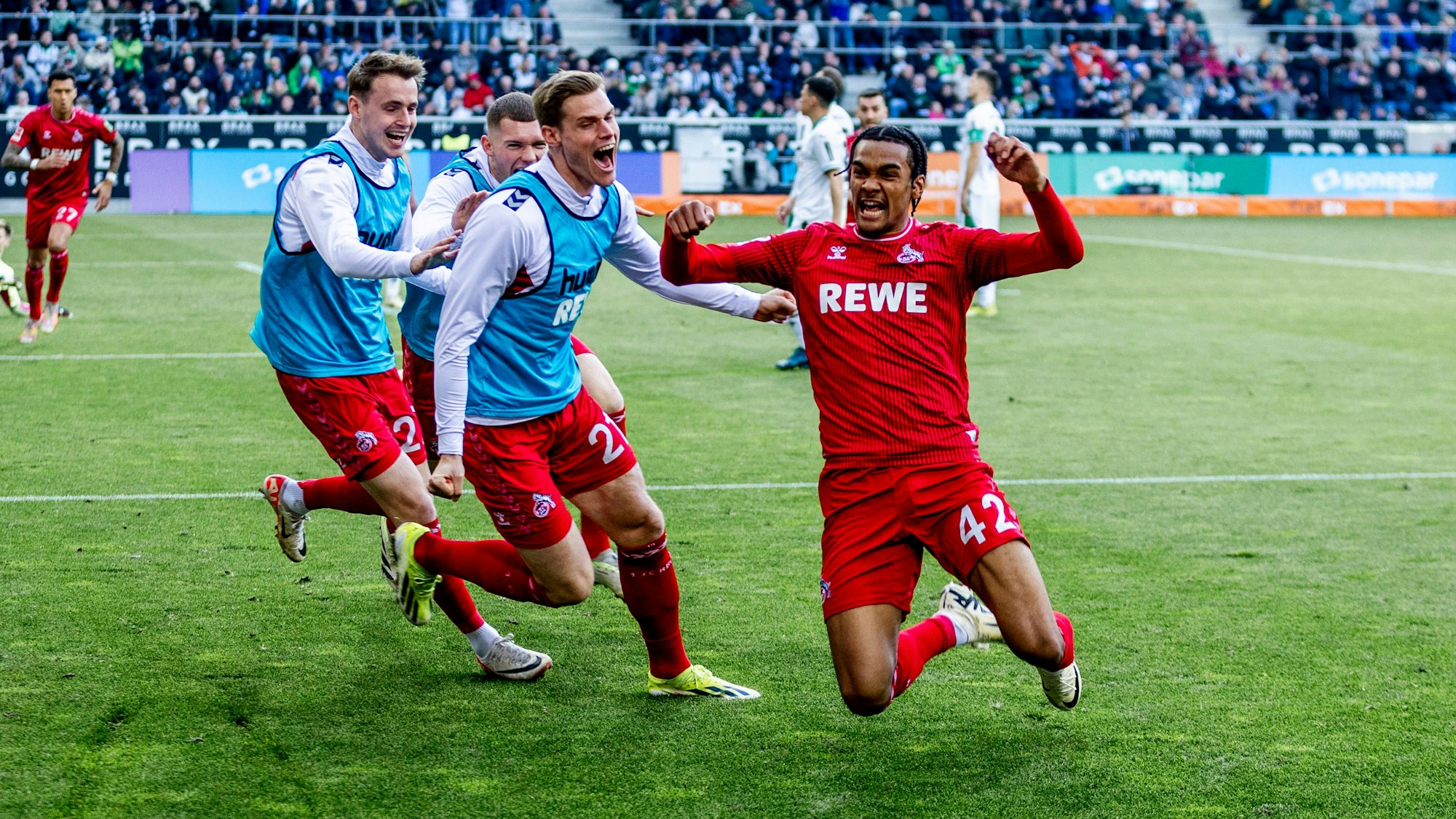 Mönchengladbach, Borussia Park, 09.03.2024: Jubel bei Damion Downs Köln nach dem 3:3 Ausgleichstor beim Spiel der 1.Bundesliga Borussia Moenchengladbach vs. 1.FC Köln