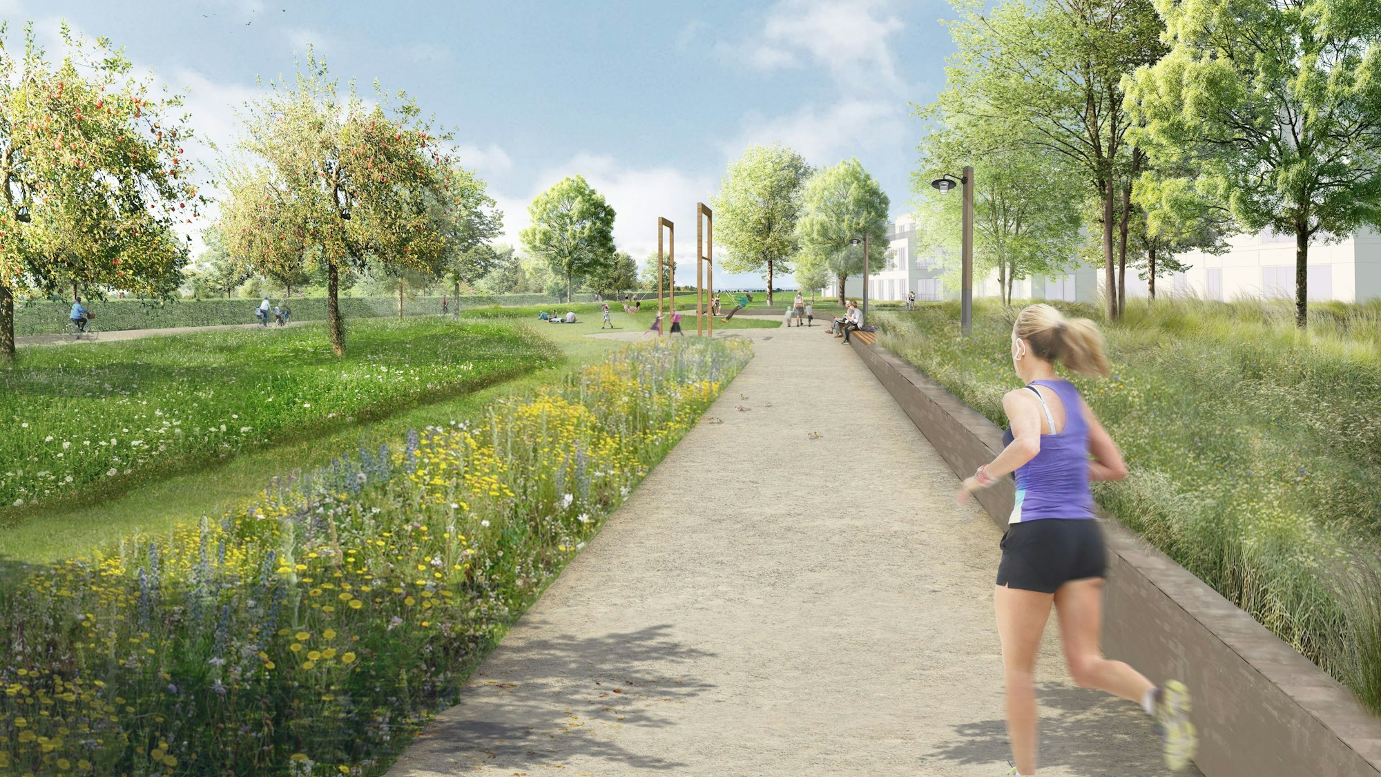 Eine Visualisierung zeigt einen Park mit blühenden Blumen, Bäumen und einer Joggerin.