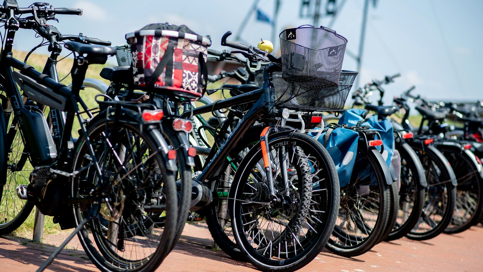 Zahlreiche Fahrräder stehen bei sonnigem Wetter auf einem Bürgersteig.