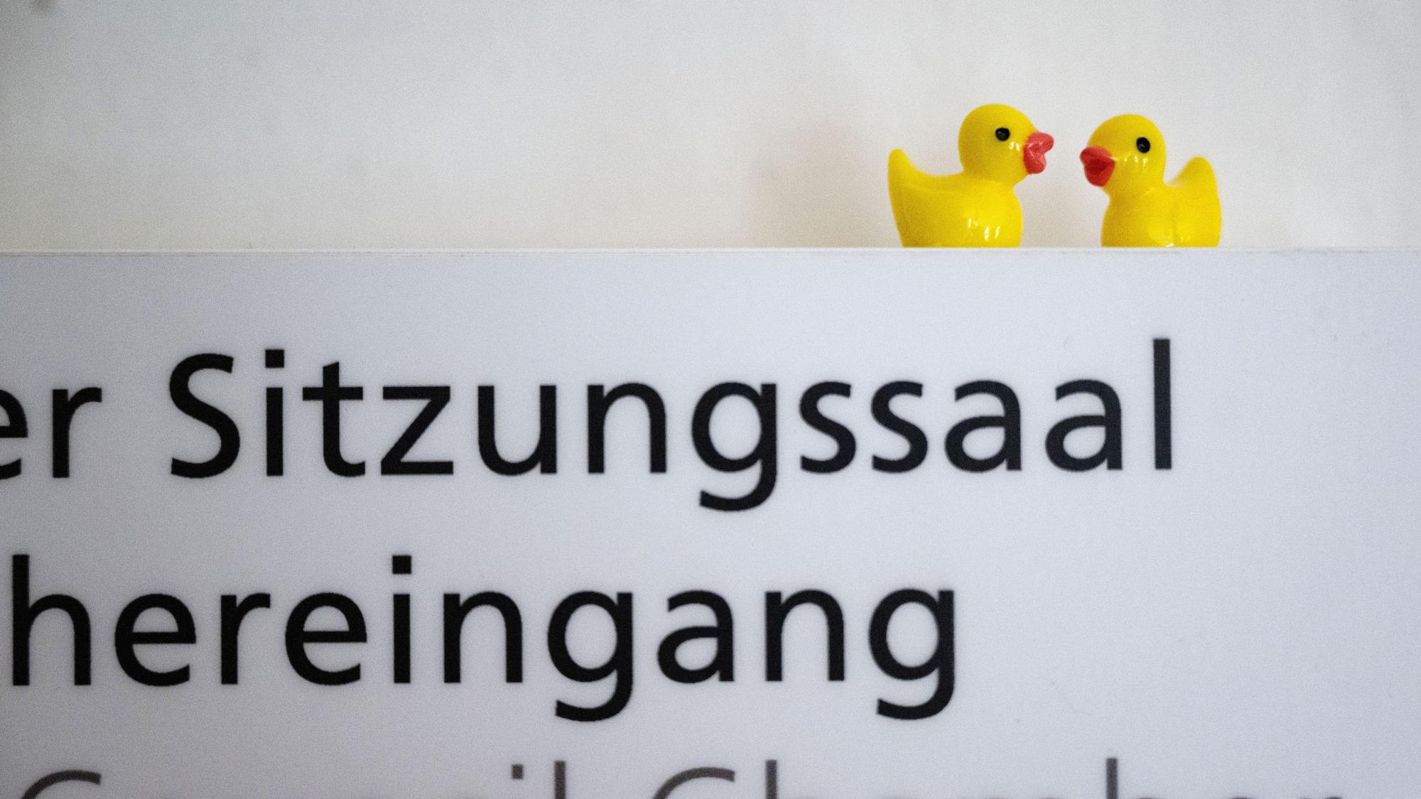 Kleine Enten sind auf einem Schild vor dem Großen Sitzungssaal des Rathauses zu sehen. Auf Schildern oder auf der Toilette: Überall sind im Rathaus kleine Enten verteilt.