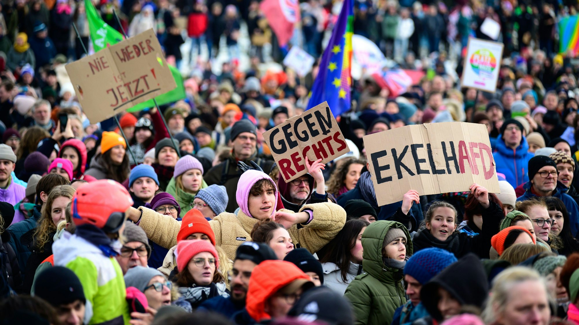 Im Januar protestierten Tausende auf der Deutzer Werft in Köln gegen rechts und hielten Plakate gegen die AfD hoch.