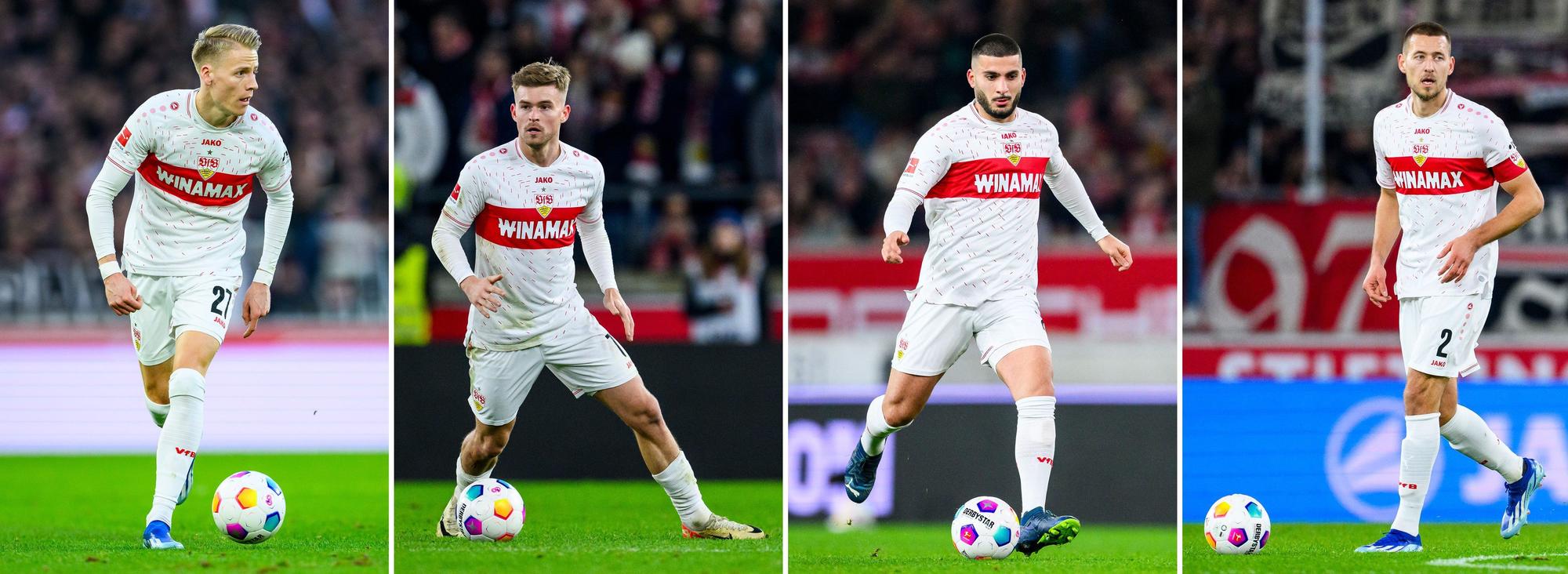 Die Kombo aus Archivbildern zeigt die vier Stuttgarter Spieler (v.l.) Chris Führich, Maximilian Mittelstädt, Deniz Undav und Waldemar Anton während der Bundesligaspiele der Saison 2023/24.