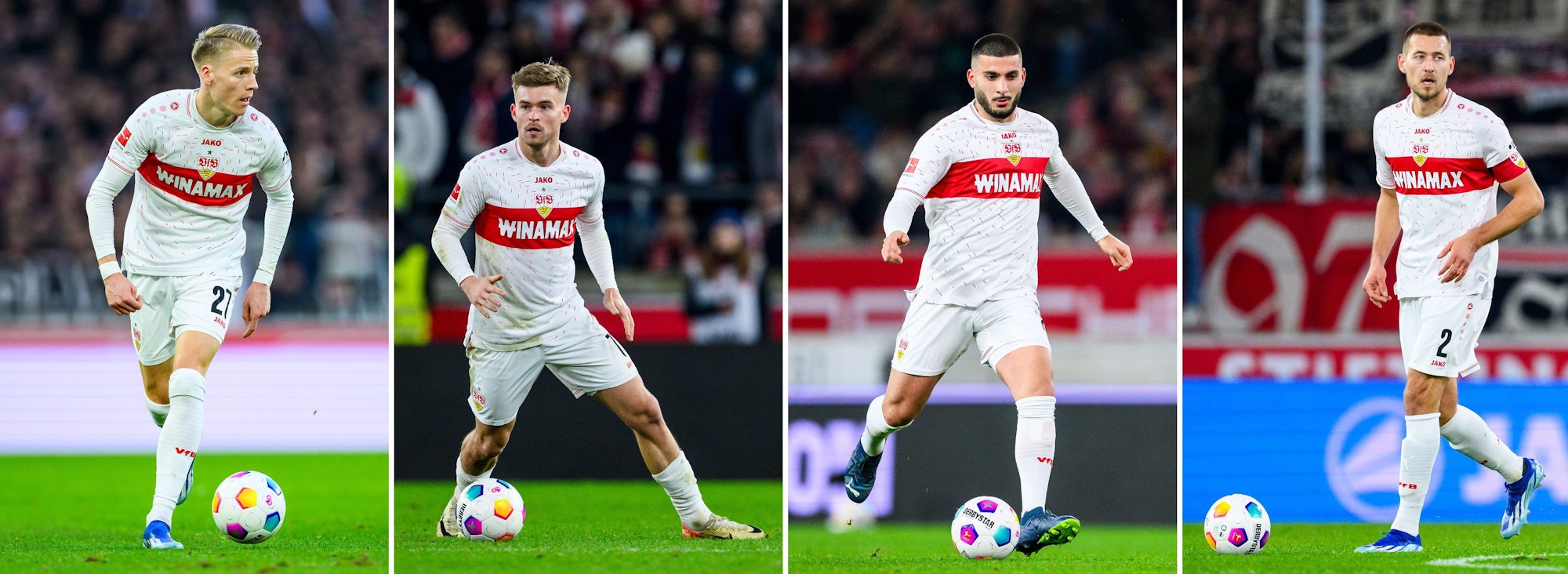 Die Kombo aus Archivbildern zeigt die vier Stuttgarter Spieler (v.l.) Chris Führich, Maximilian Mittelstädt, Deniz Undav und Waldemar Anton während der Bundesligaspiele der Saison 2023/24.