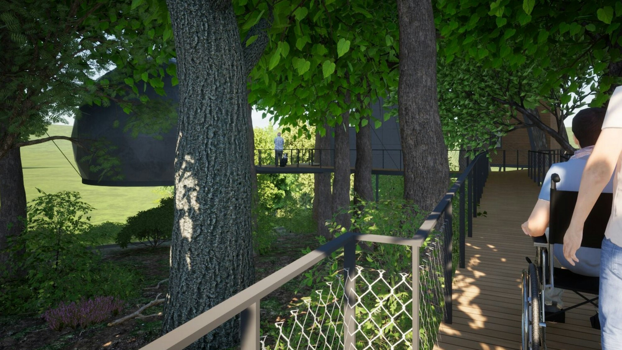 Zu einem runden Baumhaus führt ein Holzsteg. Über ihn fährt ein Rollstuhlfahrer.