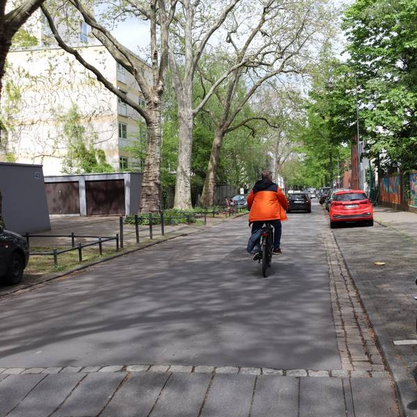 Blick auf eine schmale Straße, auf der gerade ein Radfahrer unterwegs ist