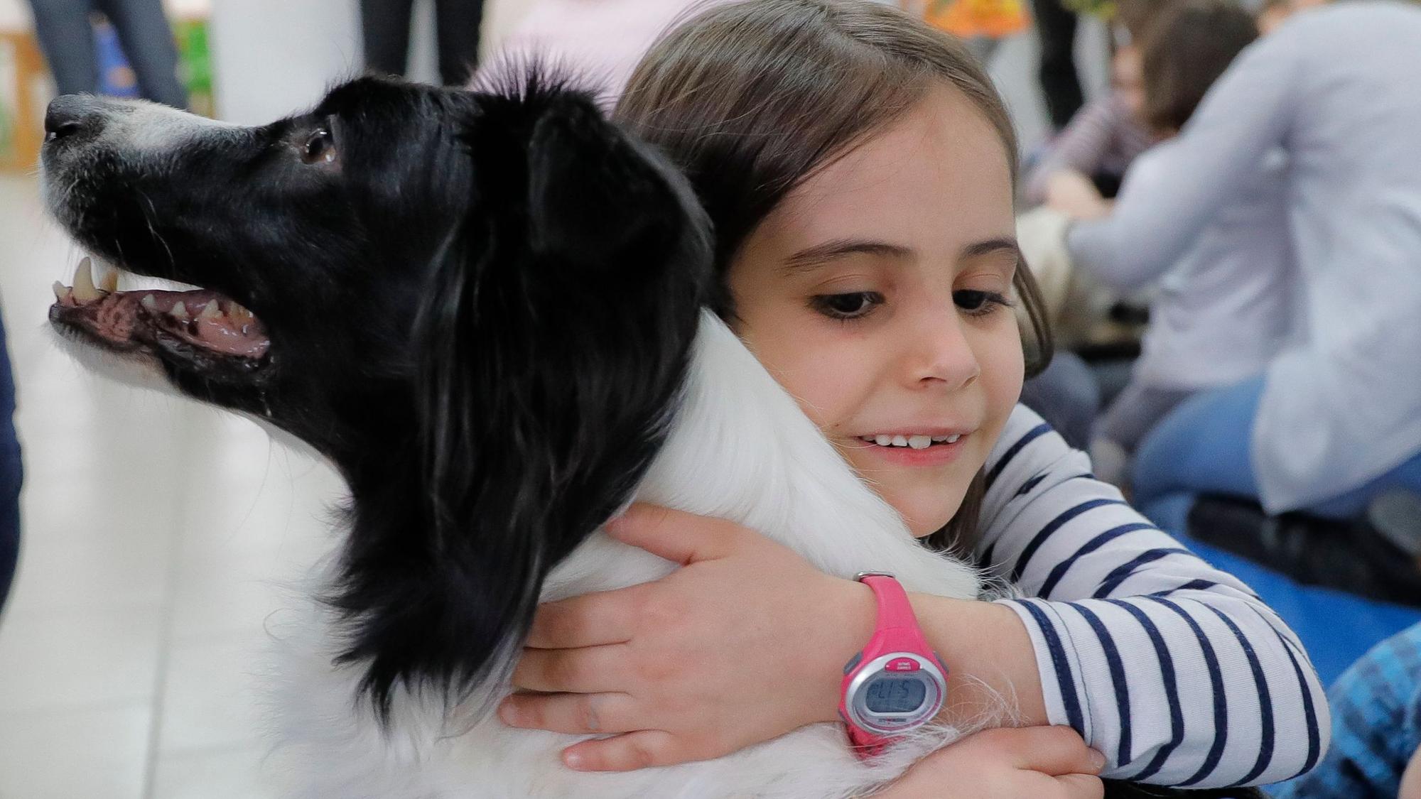 Das Foto zeigt ein Kind, das einen Hund umarmt.