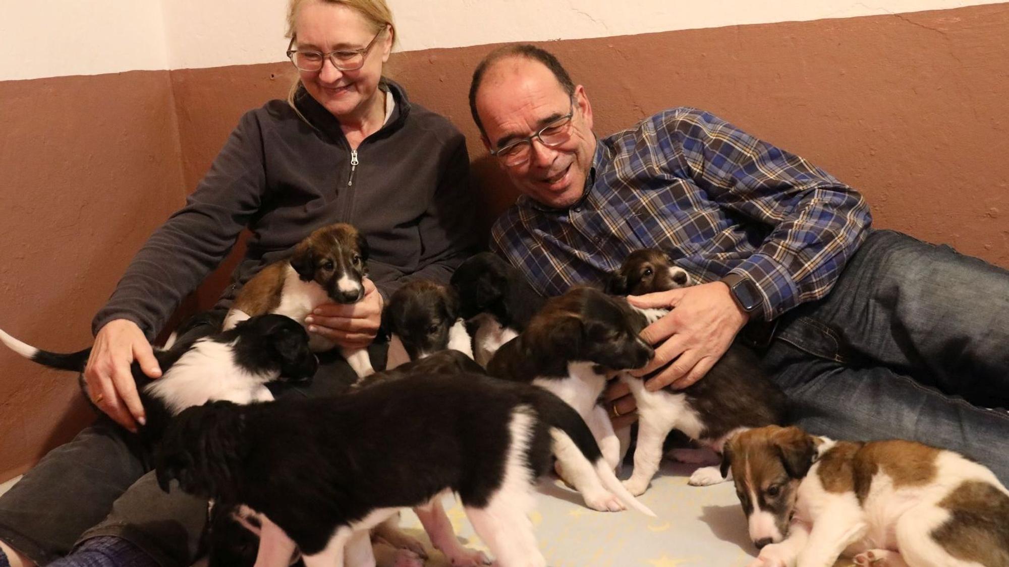 Eine Frau und ein Mann liegen mit zahlreichen Hundewelpen auf dem Fußboden.