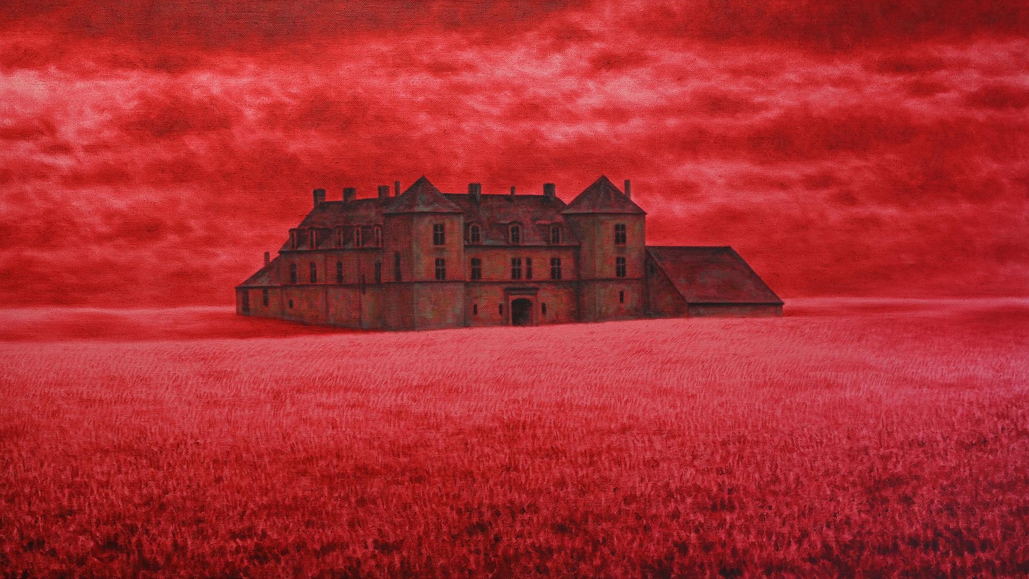 Das Foto zeigt das vor allem in Rottönen gehaltene Bild „Château Tharsis“ von Andreas M. Wiese, das in einer Ausstellung in der Galerie Lethert in Bad Münstereifel zu sehen ist.