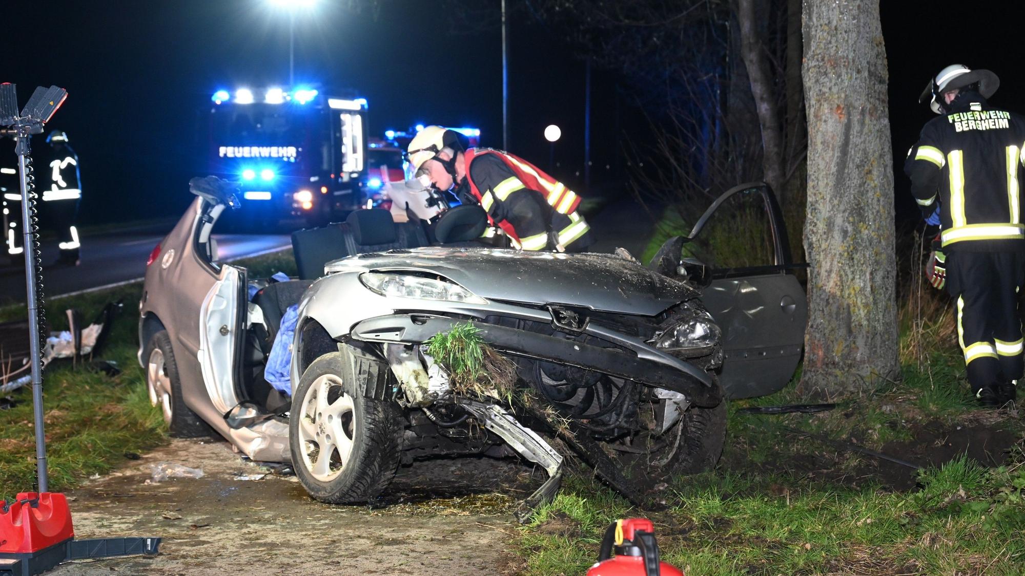 Ein zerstörtes Auto neben einem Baum.