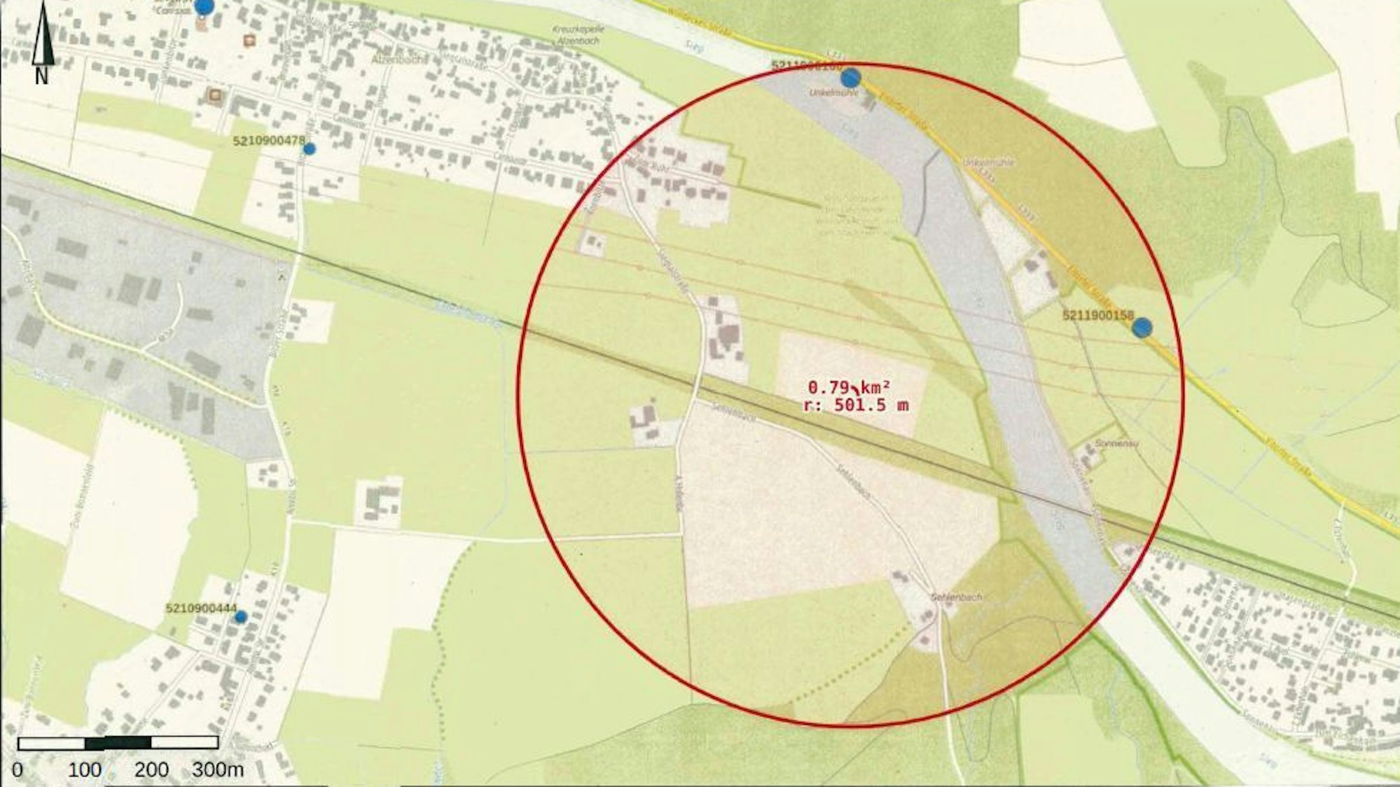 Eine Karte, auf der ein roter Kreis eingezeichnet ist.