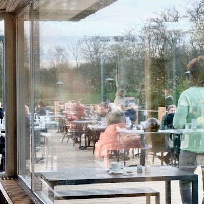 Blick aus dem Haus am See auf die neue Terrasse des Hauses am Decksteiner Weiher in Köln-Lindenthal.