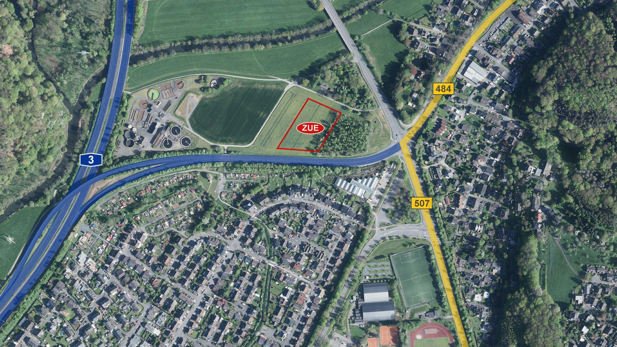 Das Luftbild von Lohmar zeigt den Standort des künftigen Flüchtlingsheims nahe des Donrather Dreiecks.