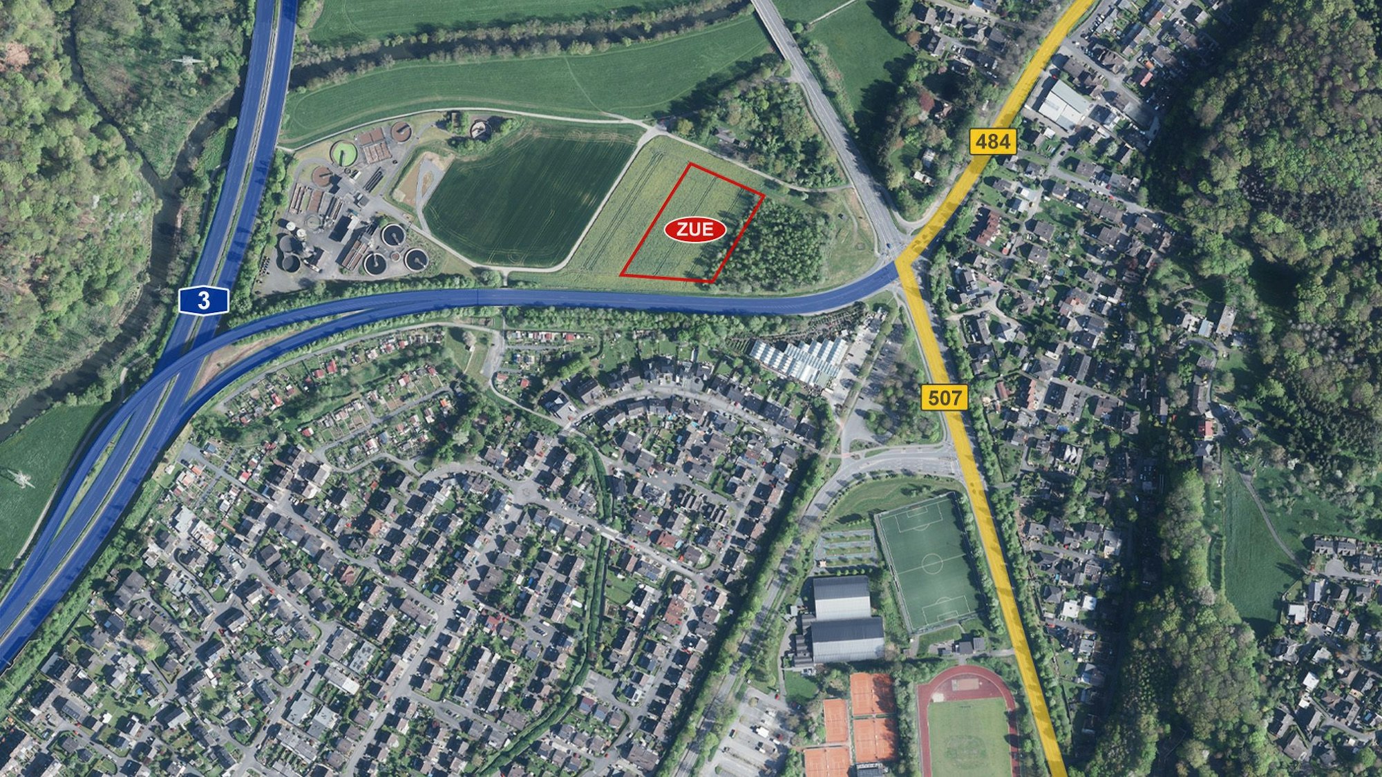 Luftbild Lohmar mit Standort der Großunterkunft für Geflüchtete