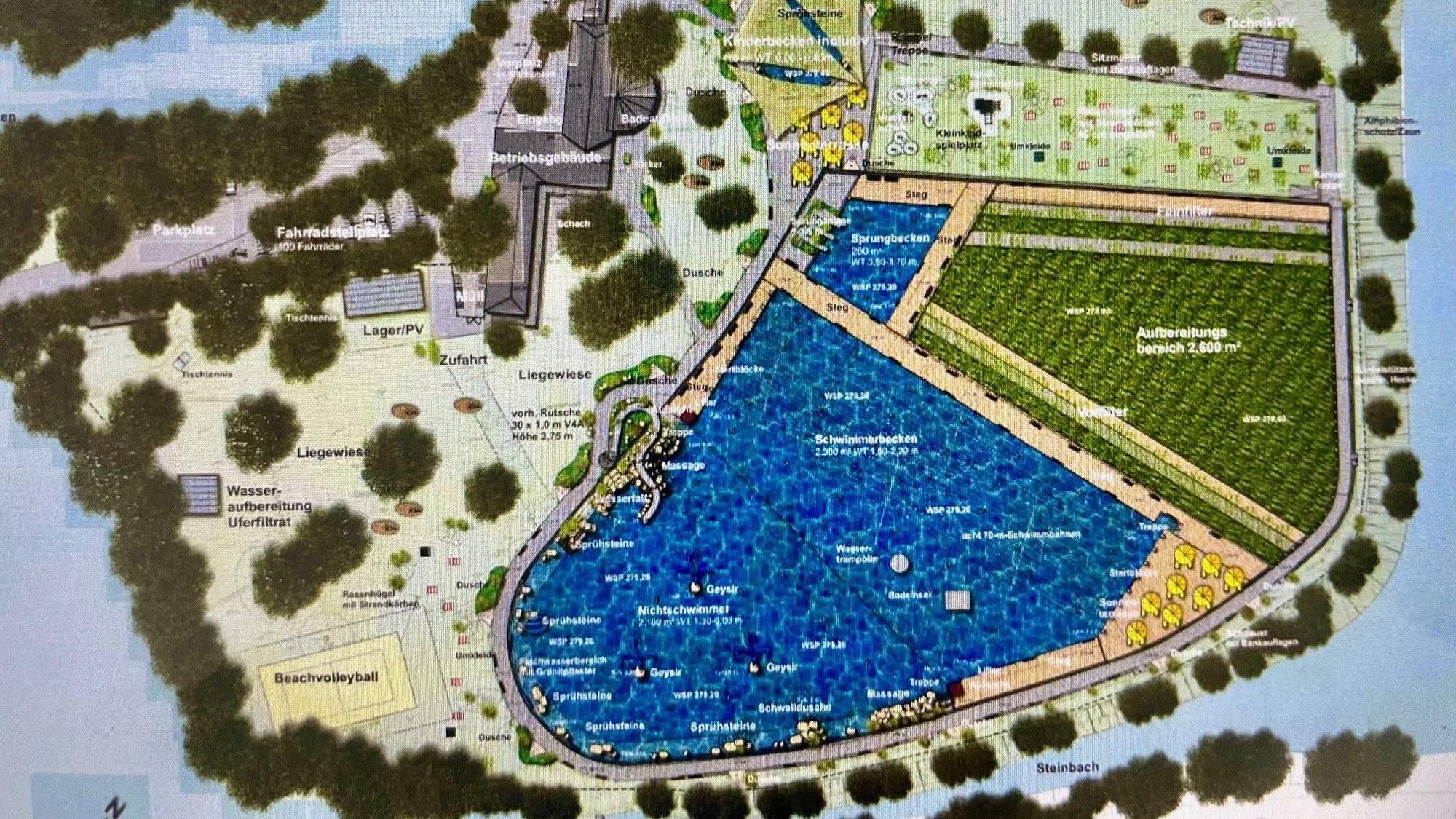 Der Plan zeigt die künftige Gestaltung des Waldfreibads an der Steinbachtalsperre.