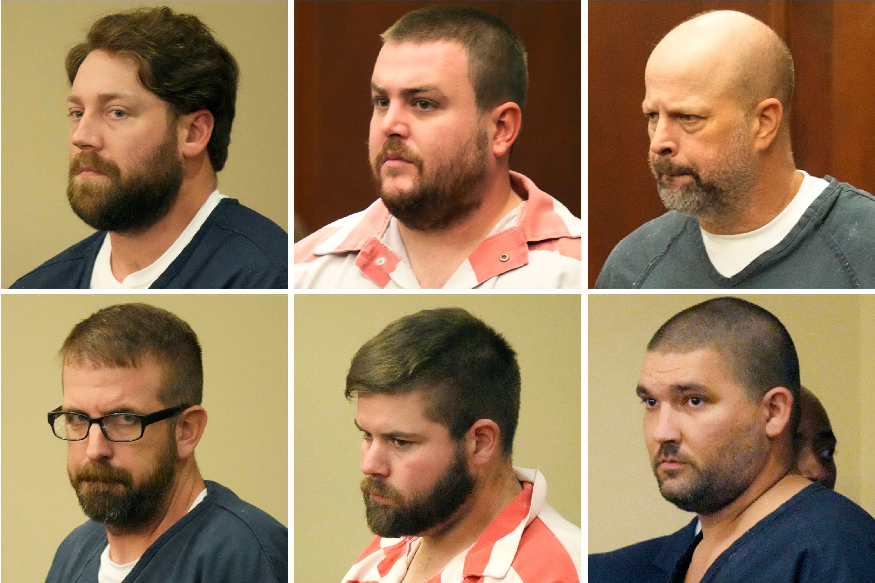 Diese Fotokombination zeigt (von oben links) die ehemaligen Sheriffs von Rankin County Hunter Elward, Christian Dedmon, Brett McAlpin, Jeffrey Middleton, Daniel Opdyke und den ehemaligen Polizeibeamten von Richland Joshua Hartfield, die am 14. August 2023 vor dem Bezirksgericht von Rankin County in Brandon, Missouri, erscheinen.