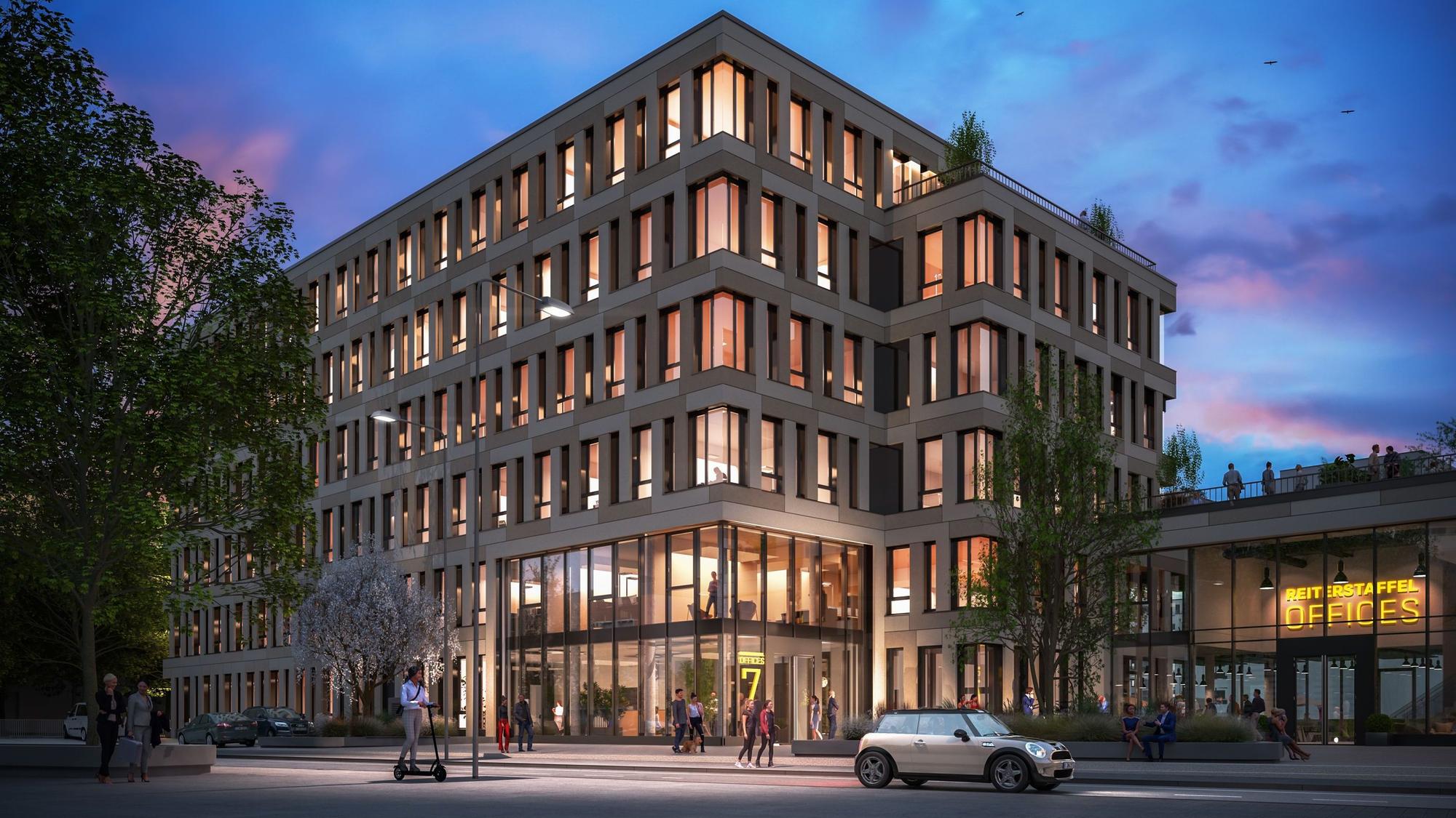 Die Visualisierung der Gebäudefront der „Reiterstaffel Offices“ zur Gaedestraße in Köln-Marienburg.