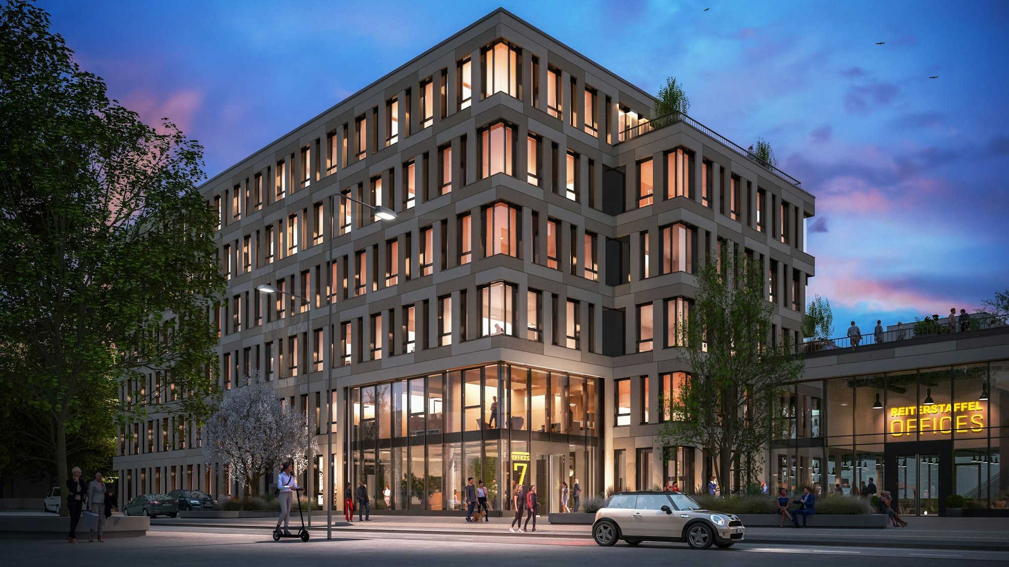 Die Visualisierung der Gebäudefront der „Reiterstaffel Offices“ zur Gaedestraße in Köln-Marienburg.