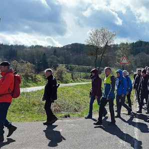 Der erste Pilger trägt ein Kreuz und die anderen folgen ihm.