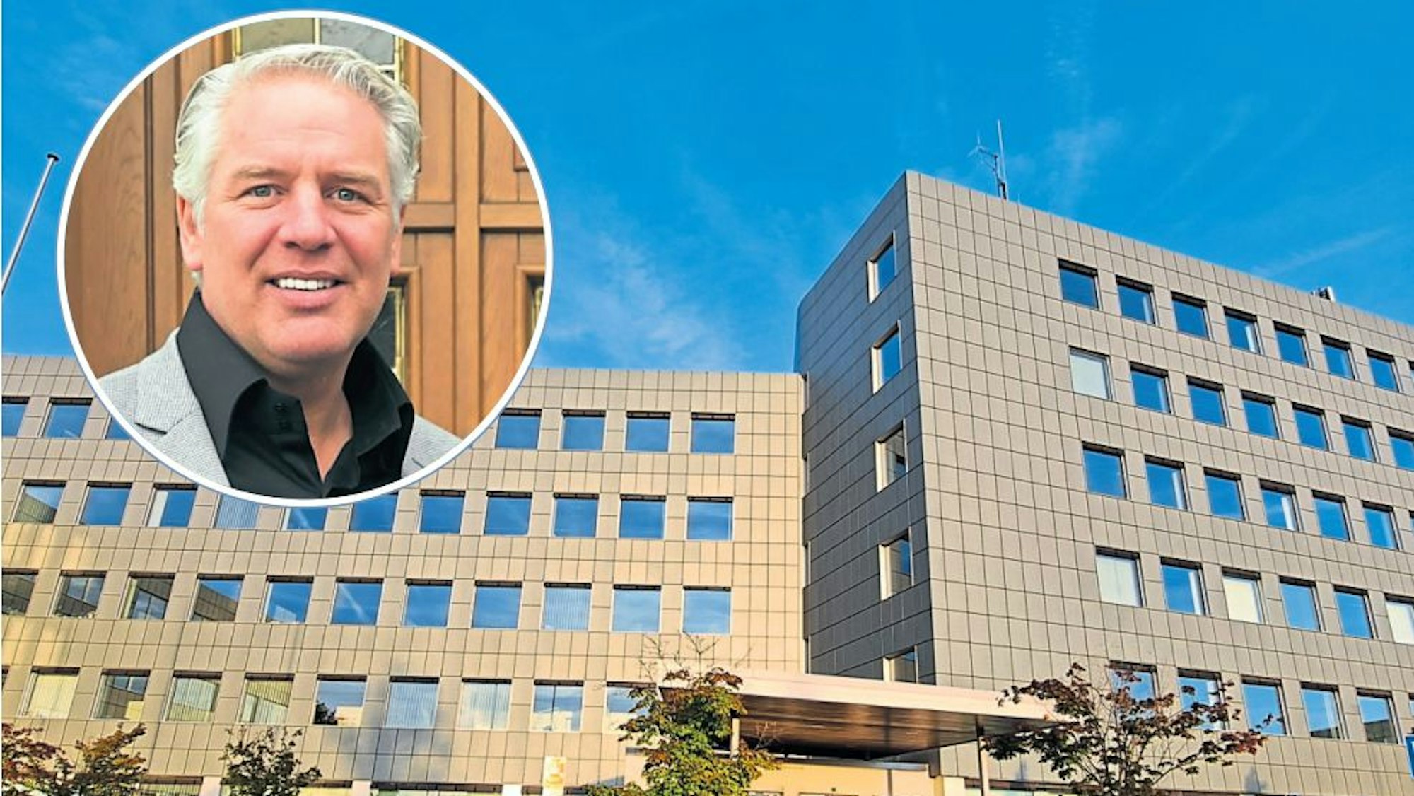 In einem runden Bild ist Odenthals Bürgermeister Robert Lennerts zu sehen, darunter ein Bild des Kreishauses Am Rübezahlwald in Bergisch Gladbach.