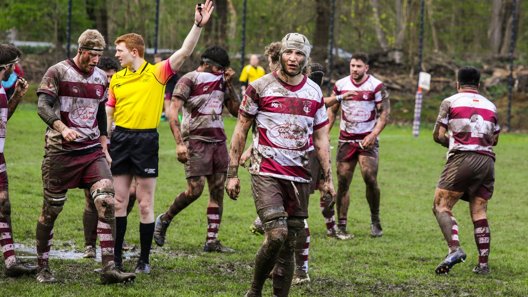 23.03.2024, Köln: Rugby Bundesliga Spiel RSV Köln ( rot-weisse Trikots)vs. RK Heusenstamm ( gtün-rote Trikots). Foto:Dirk Borm