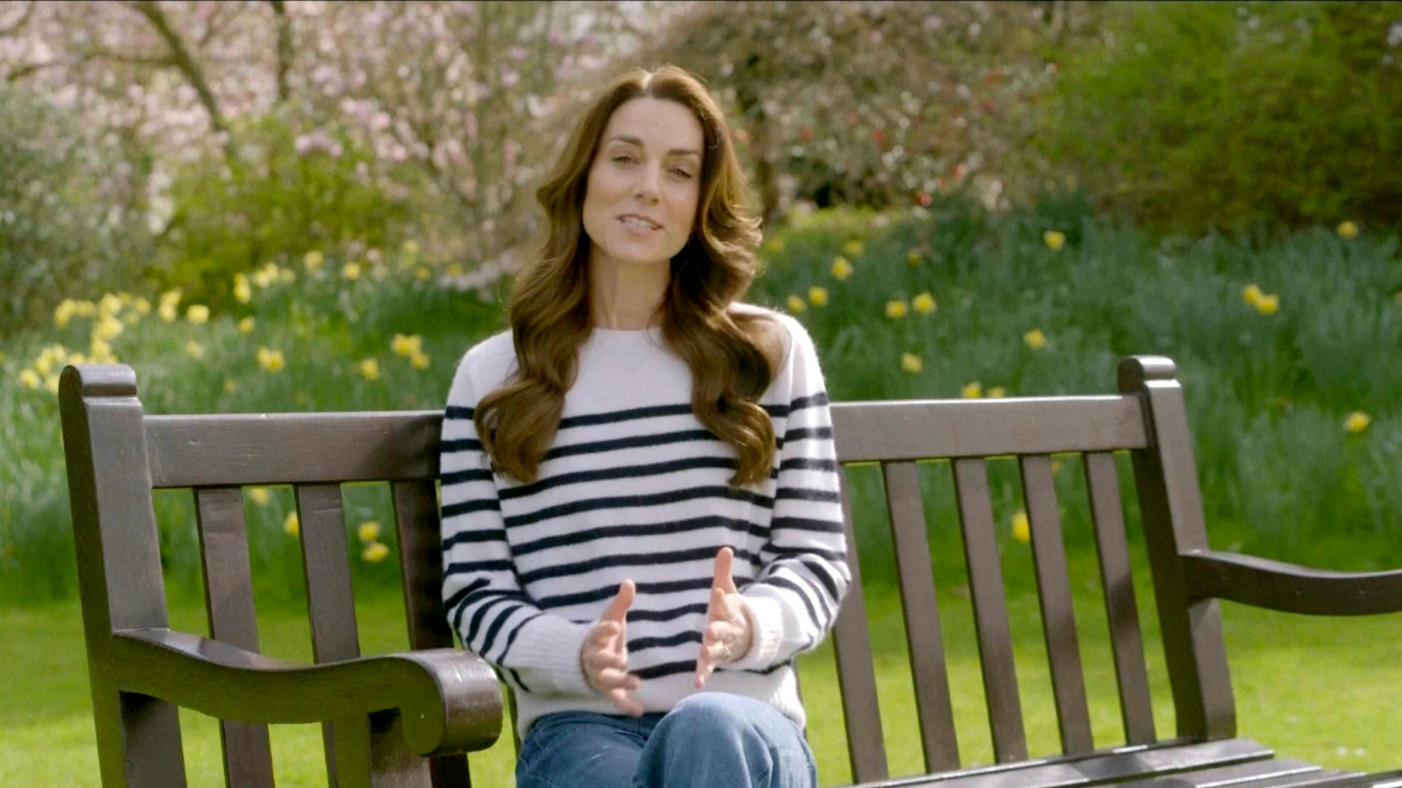 This grab taken from a video released by the BBC Studios on Friday March 22, 2024, shows Britain's Kate, the Princess of Wales recording her message announcing that following her abdominal surgery in January "tests after the operation found cancer had been present." Kate, said Friday she has cancer and is undergoing chemotherapy. (BBC Studios via AP)