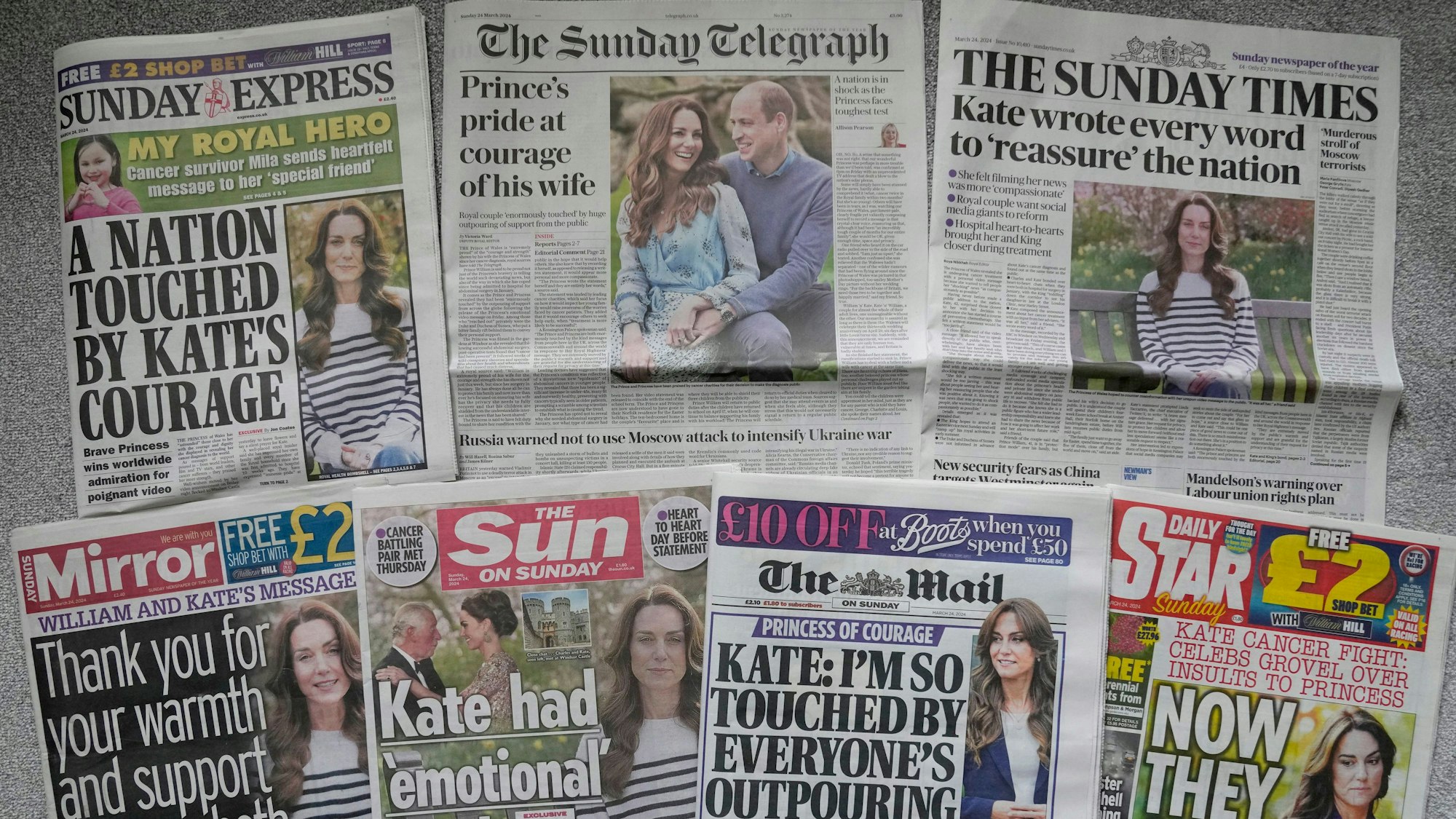 24.03.2024, Großbritannien, London: Ein Zusammenschnitt einiger Titelseiten britischer Sonntagszeitungen. Die britische Prinzessin Kate, Princess of Wales, erhält Unterstützung aus aller Welt, nachdem sie in einer offenen Videobotschaft bekannt gegeben hat, dass sie sich nach einer großen Bauchoperation einer Chemotherapie unterzieht. Foto: Alastair Grant/AP/dpa +++ dpa-Bildfunk +++