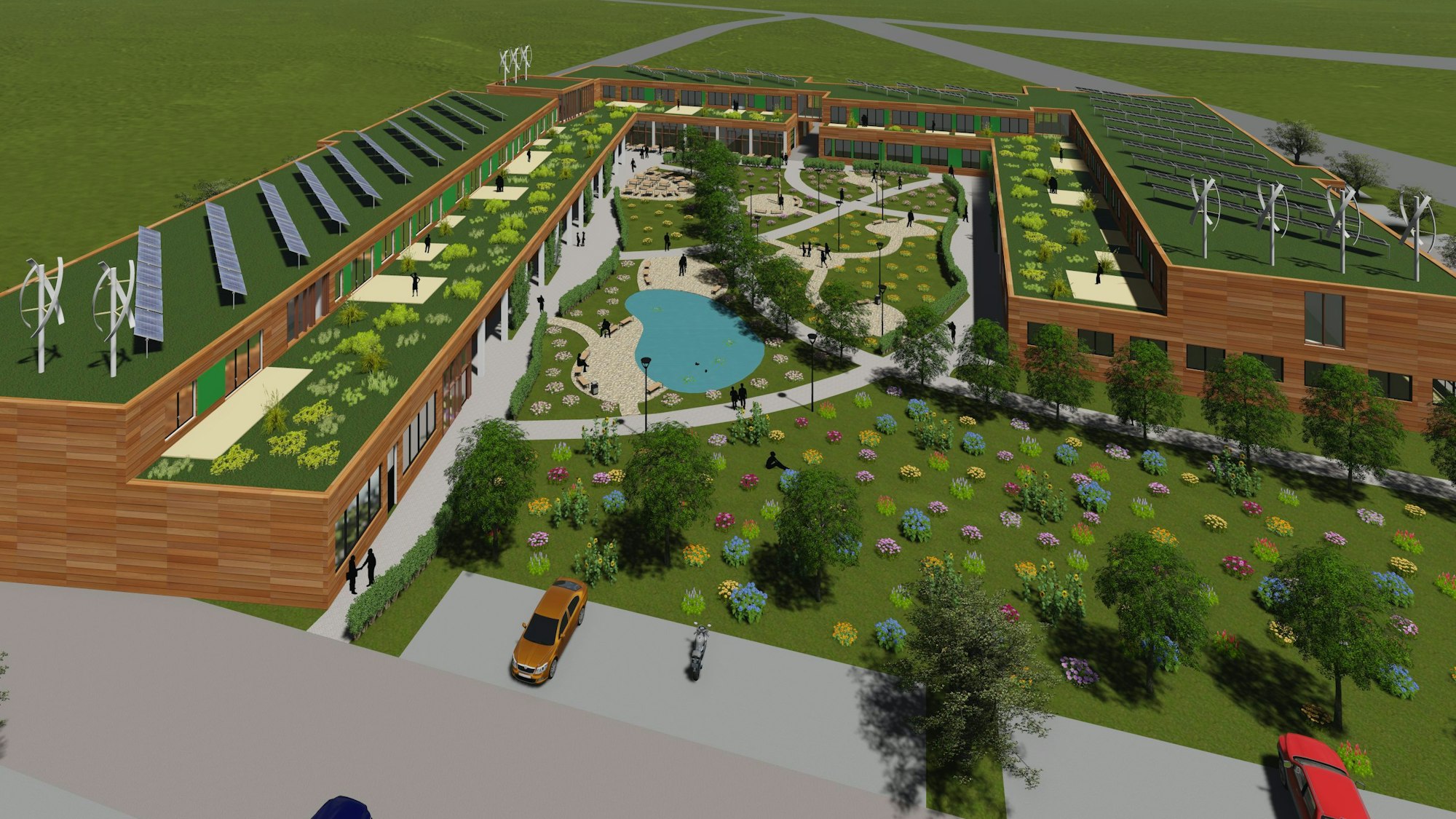 Die Visualisierung zeigt das BZE inklusive eines kleinen Parks im Zentrum des Areals.