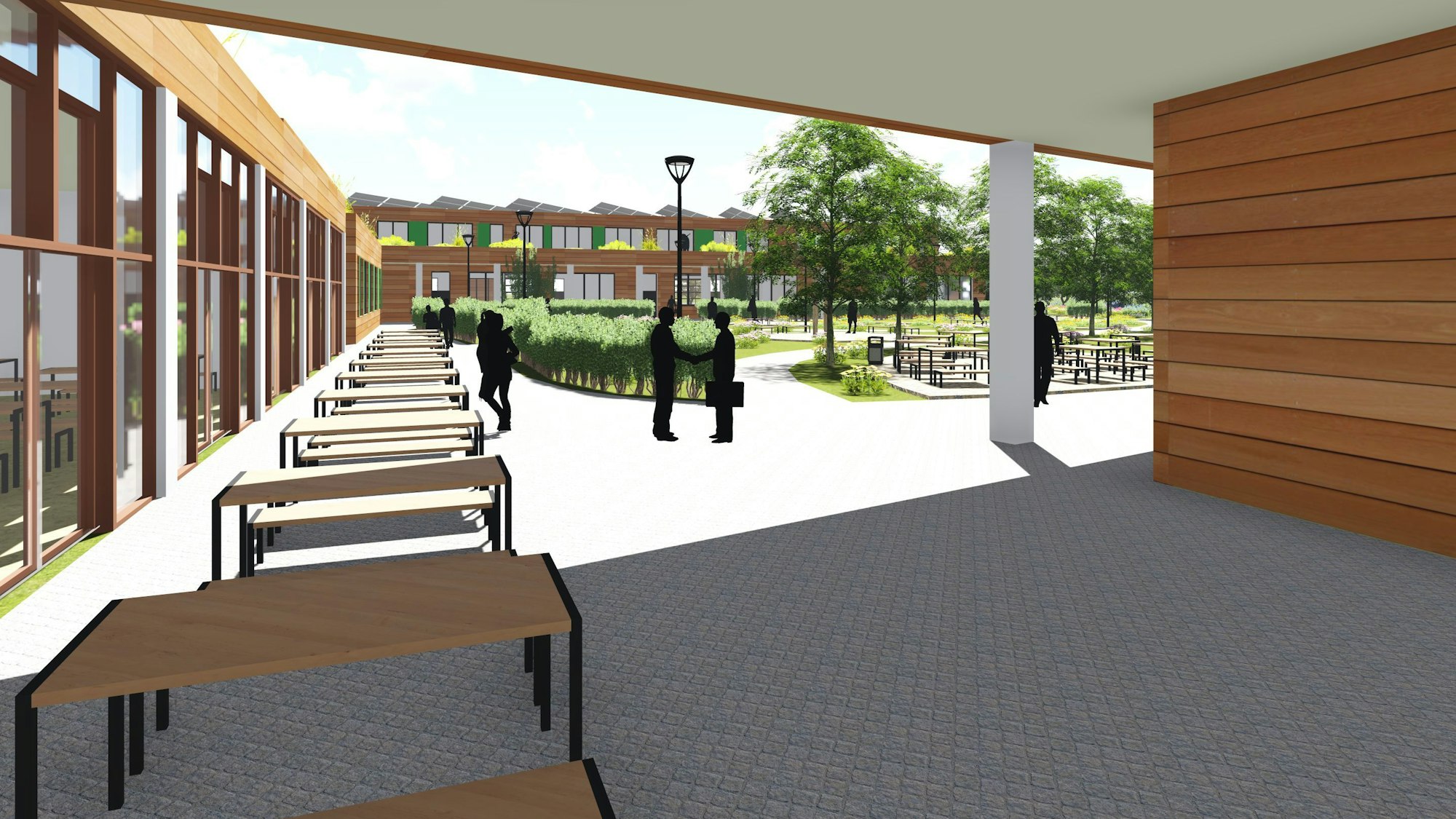 Die Visualisierung zeigt einen Blick in den Innenhof des BZE.