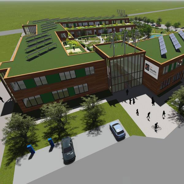 Die Visualisierung zeigt das neue BZE. Es hat ein grünes Dach und soll mit PV-Anlagen ausgestattet werden.