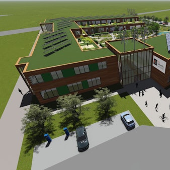 Die Visualisierung zeigt das neue BZE. Es hat ein grünes Dach und soll mit PV-Anlagen ausgestattet werden.