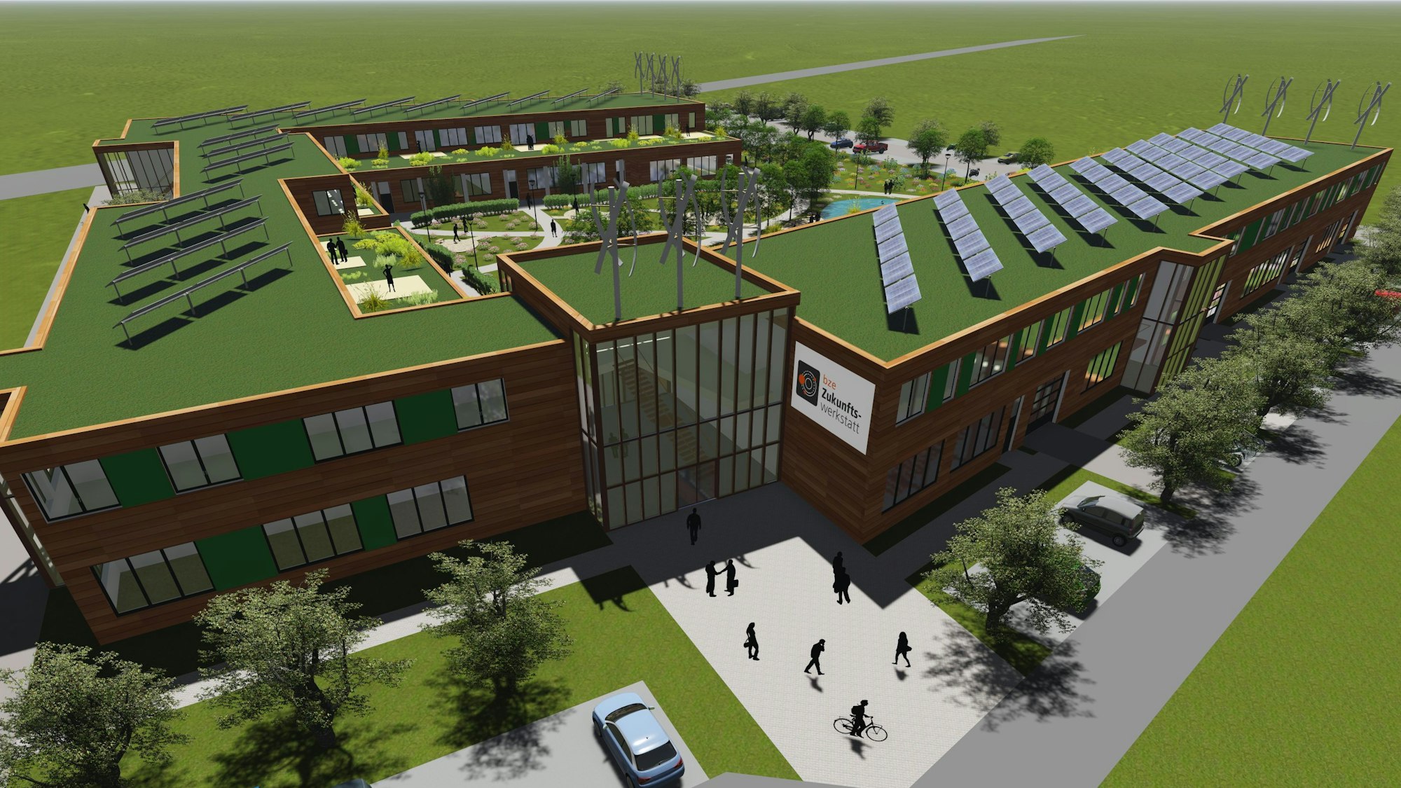 Die Visualisierung zeigt das neue BZE. Es hat ein grünes Dach und soll mit PV-Anlagen ausgestattet werden.