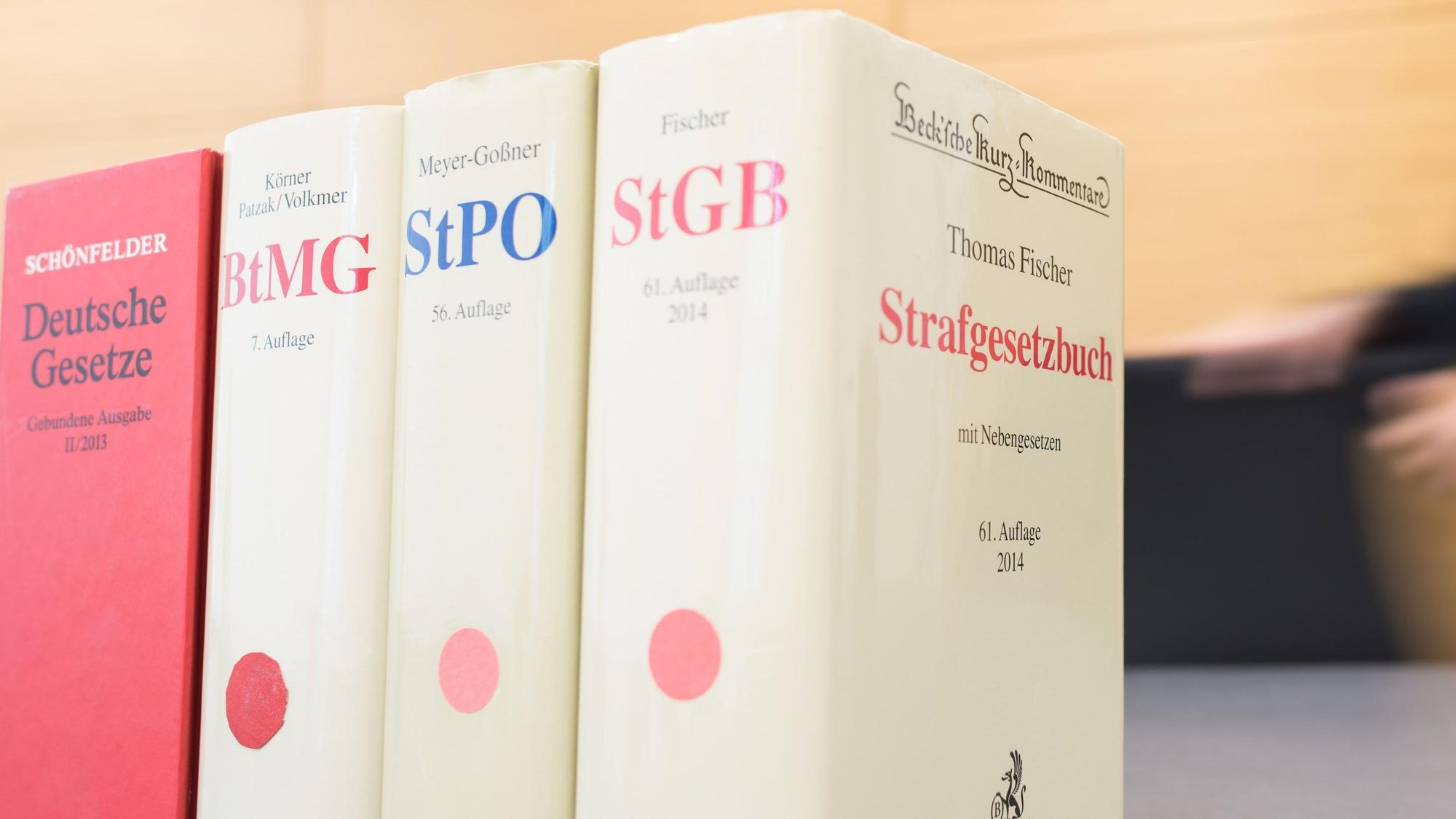Eine Richterin ist hinter Gesetzbüchern zu sehen.