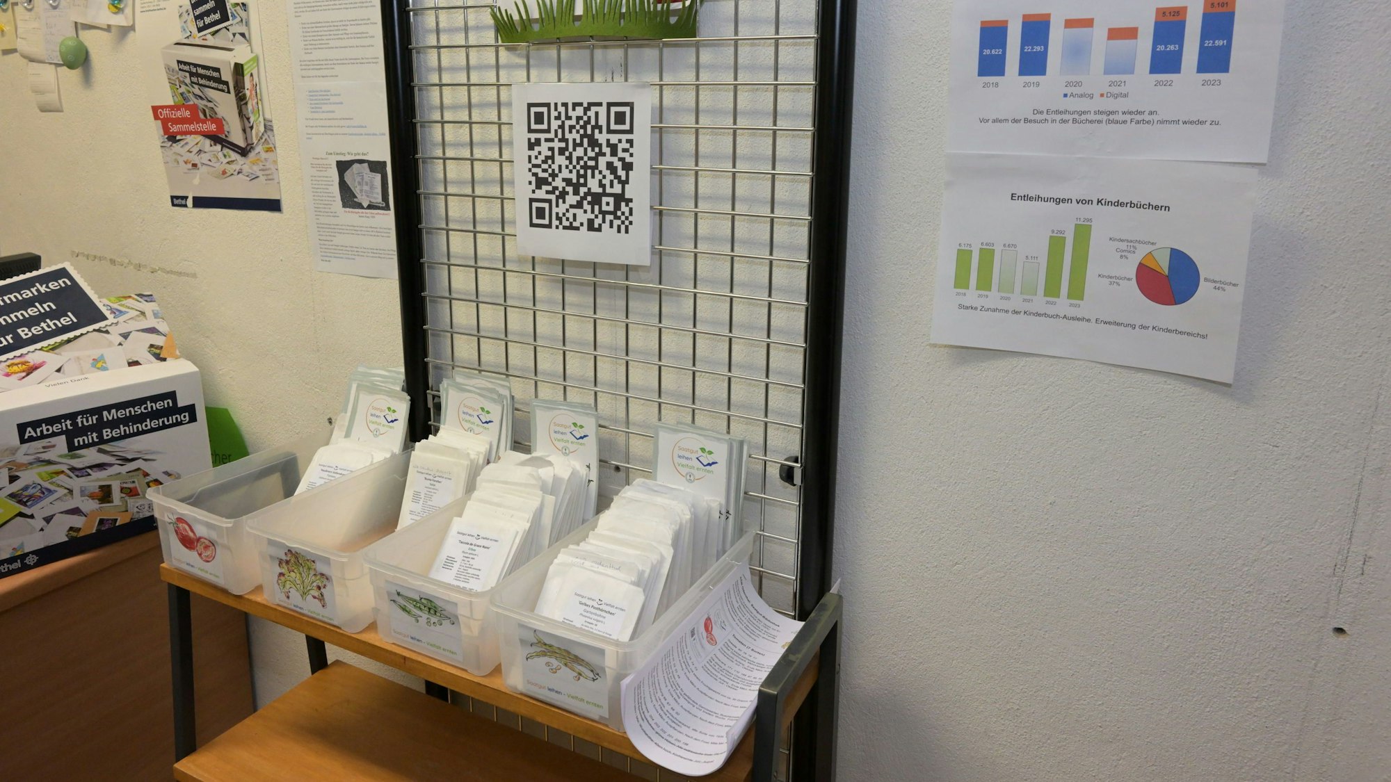 Vier Kästen mit Saatgut-Tütchen zur Ausleihe.