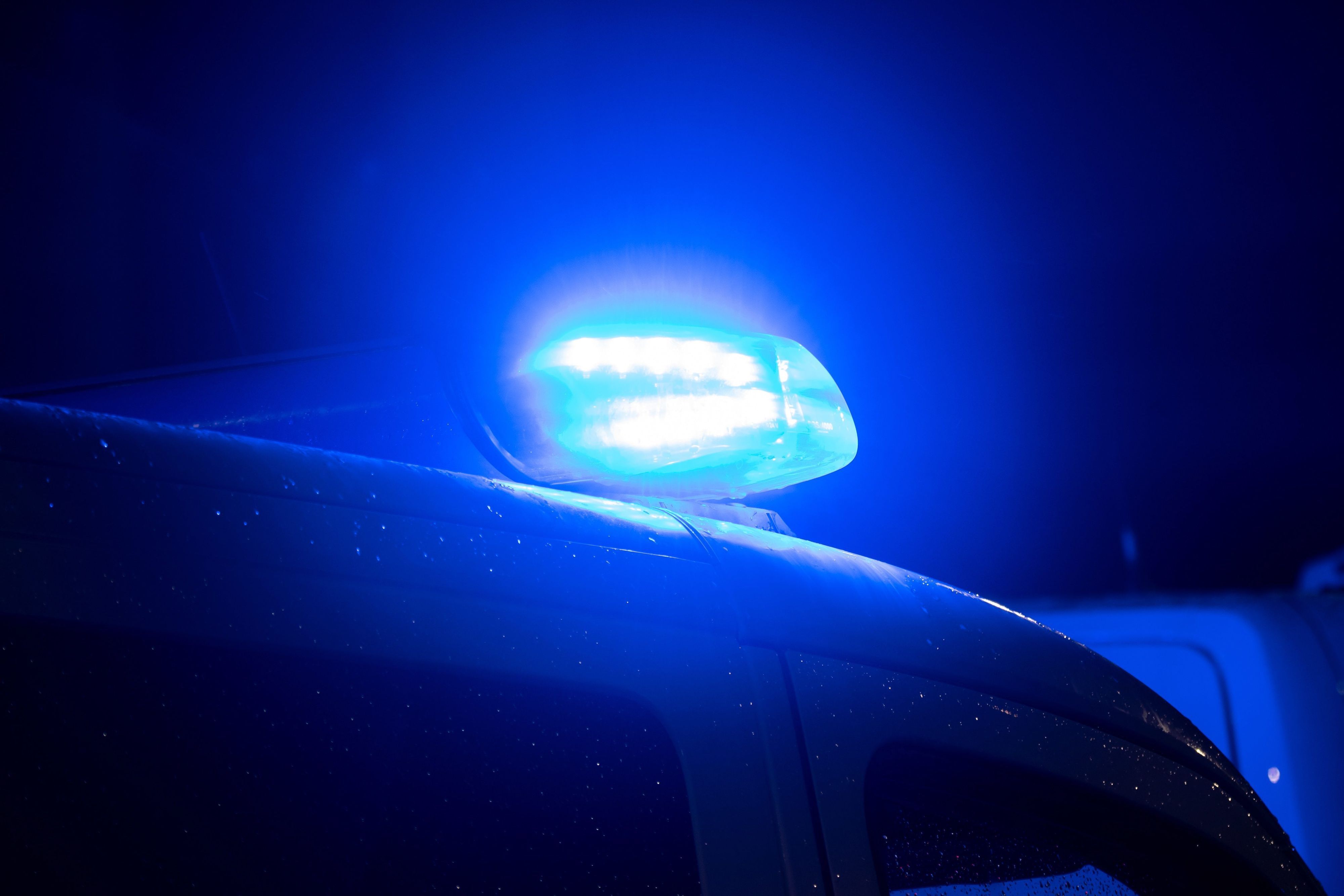 Blaulicht leuchtet auf dem Dach eines Polizeiwagens.