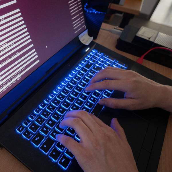 Eine Wissenschaftlerin eines Landeskriminalamts arbeitet an Computerbildschirmen.