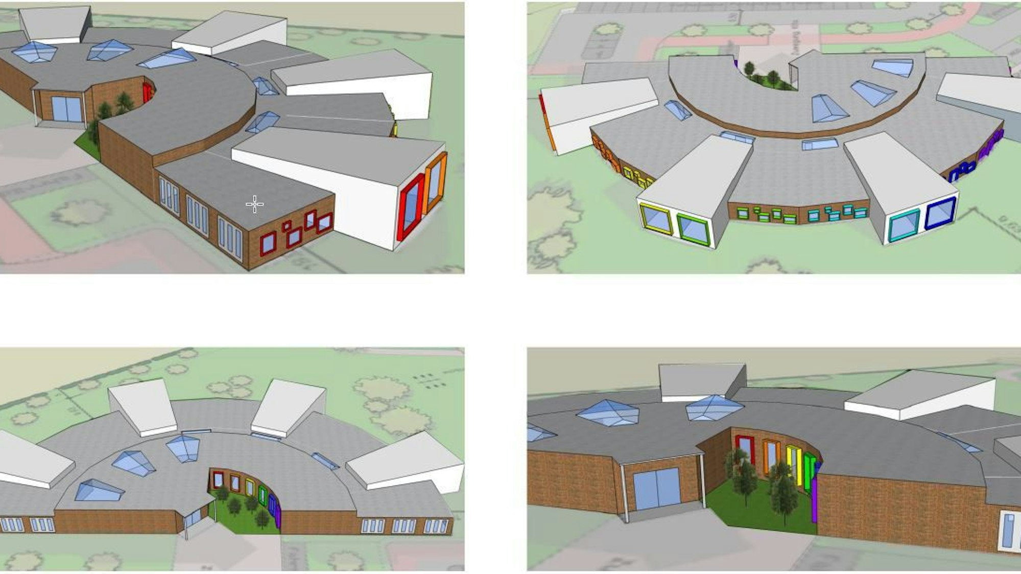 Das Gebäude ist aus vier unterschiedlichen Perspektiven zu sehen.