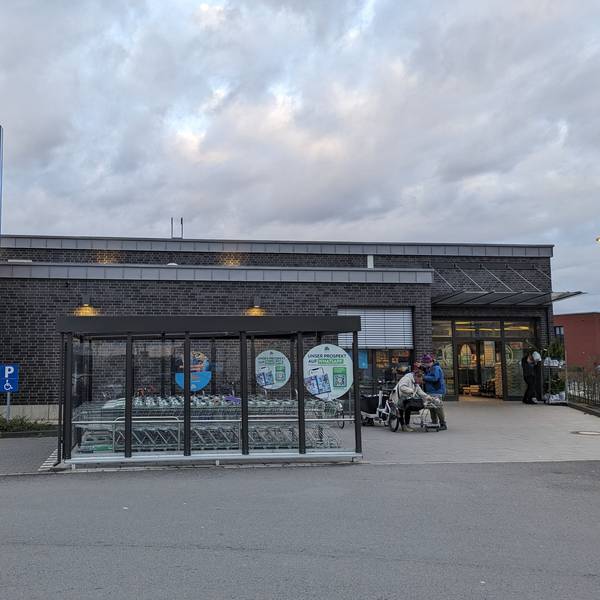 Ein Aldi-Markt mit Klinkerfassade, Unterstellplatz für Einkaufswagen und einer großen Stele mit Aldi-Schild.