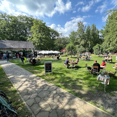 Viele Menschen sitzen an Tischen auf einem grünen Rasen.